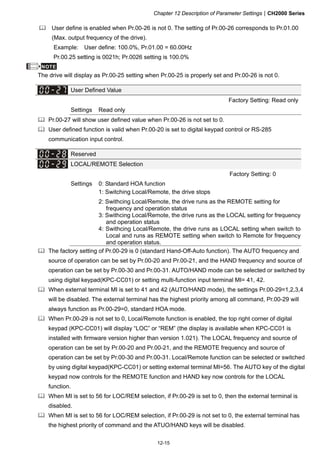 Chapter 12 Description of Parameter SettingsCH2000 Series
12-15
 User define is enabled when Pr.00-26 is not 0. The setting of Pr.00-26 corresponds to Pr.01.00
(Max. output frequency of the drive).
Example: User define: 100.0%, Pr.01.00 = 60.00Hz
Pr.00.25 setting is 0021h; Pr.0026 setting is 100.0%
NOTE
The drive will display as Pr.00-25 setting when Pr.00-25 is properly set and Pr.00-26 is not 0.
User Defined Value
Factory Setting: Read only
Settings Read only
 Pr.00-27 will show user defined value when Pr.00-26 is not set to 0.
 User defined function is valid when Pr.00-20 is set to digital keypad control or RS-285
communication input control.
Reserved
LOCAL/REMOTE Selection
Factory Setting: 0
Settings 0: Standard HOA function
1: Switching Local/Remote, the drive stops
2: Swithcing Local/Remote, the drive runs as the REMOTE setting for
frequency and operation status
3: Swithcing Local/Remote, the drive runs as the LOCAL setting for frequency
and operation status
4: Swithcing Local/Remote, the drive runs as LOCAL setting when switch to
Local and runs as REMOTE setting when switch to Remote for frequency
and operation status.
 The factory setting of Pr.00-29 is 0 (standard Hand-Off-Auto function). The AUTO frequency and
source of operation can be set by Pr.00-20 and Pr.00-21, and the HAND frequency and source of
operation can be set by Pr.00-30 and Pr.00-31. AUTO/HAND mode can be selected or switched by
using digital keypad(KPC-CC01) or setting multi-function input terminal MI= 41, 42.
 When external terminal MI is set to 41 and 42 (AUTO/HAND mode), the settings Pr.00-29=1,2,3,4
will be disabled. The external terminal has the highest priority among all command, Pr.00-29 will
always function as Pr.00-29=0, standard HOA mode.
 When Pr.00-29 is not set to 0, Local/Remote function is enabled, the top right corner of digital
keypad (KPC-CC01) will display “LOC” or “REM” (the display is available when KPC-CC01 is
installed with firmware version higher than version 1.021). The LOCAL frequency and source of
operation can be set by Pr.00-20 and Pr.00-21, and the REMOTE frequency and source of
operation can be set by Pr.00-30 and Pr.00-31. Local/Remote function can be selected or switched
by using digital keypad(KPC-CC01) or setting external terminal MI=56. The AUTO key of the digital
keypad now controls for the REMOTE function and HAND key now controls for the LOCAL
function.
 When MI is set to 56 for LOC/REM selection, if Pr.00-29 is set to 0, then the external terminal is
disabled.
 When MI is set to 56 for LOC/REM selection, if Pr.00-29 is not set to 0, the external terminal has
the highest priority of command and the ATUO/HAND keys will be disabled.
 