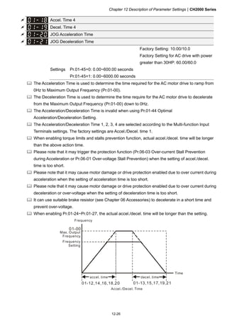 Chapter 12 Description of Parameter SettingsCH2000 Series
12-26
 Accel. Time 4
 Decel. Time 4
 JOG Acceleration Time
 JOG Deceleration Time
Factory Setting: 10.00/10.0
Factory Setting for AC drive with power
greater than 30HP: 60.00/60.0
Settings Pr.01-45=0: 0.00~600.00 seconds
Pr.01-45=1: 0.00~6000.00 seconds
 The Acceleration Time is used to determine the time required for the AC motor drive to ramp from
0Hz to Maximum Output Frequency (Pr.01-00).
 The Deceleration Time is used to determine the time require for the AC motor drive to decelerate
from the Maximum Output Frequency (Pr.01-00) down to 0Hz.
 The Acceleration/Deceleration Time is invalid when using Pr.01-44 Optimal
Acceleration/Deceleration Setting.
 The Acceleration/Deceleration Time 1, 2, 3, 4 are selected according to the Multi-function Input
Terminals settings. The factory settings are Accel./Decel. time 1.
 When enabling torque limits and stalls prevention function, actual accel./decel. time will be longer
than the above action time.
 Please note that it may trigger the protection function (Pr.06-03 Over-current Stall Prevention
during Acceleration or Pr.06-01 Over-voltage Stall Prevention) when the setting of accel./decel.
time is too short.
 Please note that it may cause motor damage or drive protection enabled due to over current during
acceleration when the setting of acceleration time is too short.
 Please note that it may cause motor damage or drive protection enabled due to over current during
deceleration or over-voltage when the setting of deceleration time is too short.
 It can use suitable brake resistor (see Chapter 06 Accessories) to decelerate in a short time and
prevent over-voltage.
 When enabling Pr.01-24~Pr.01-27, the actual accel./decel. time will be longer than the setting.
01-00
01-13,15,17,19,2101-12,14,16,18,20
Frequency
Time
Max. Output
Frequency
Frequency
Setting
accel. time decel. time
Accel./Decel. Time
 