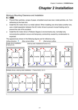Chapter 2 InstallationCH2000 Series
2-1
Chapter 2 Installation
Minimum Mounting Clearance and Installation
NOTE
 Prevent fiber particles, scraps of paper, shredded wood saw dust, metal particles, etc. from
adhereing to the heat sink
 Install the AC motor drive in a metal cabinet. When installing one drive below another one,
use a metal separation between the AC motor drives to prevent mutual heating and to
prevent the risk of fire accident.
 Install the AC motor drive in Pollution Degree 2 environments only: normallyl only
nonconductive pollution occurs and temporary conductivity caused by condensation is
expected.
The appearances shown in the following figures are for reference only.
Airflow direction: (Blue arrow) inflow (Red arrow) outflow
Single drive installation
(Frame A-H)
Side-by-side installation(Frame A-C)
Multiple drives, side-by-side installation（Frame A,B,C, G, H）
 