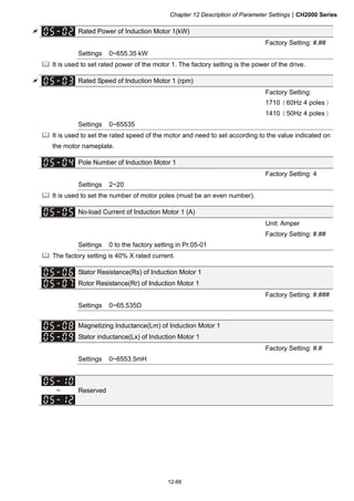 Chapter 12 Description of Parameter SettingsCH2000 Series
12-88
 Rated Power of Induction Motor 1(kW)
Factory Setting: #.##
Settings 0~655.35 kW
 It is used to set rated power of the motor 1. The factory setting is the power of the drive.
 Rated Speed of Induction Motor 1 (rpm)
Factory Setting:
1710（60Hz 4 poles）
1410（50Hz 4 poles）
Settings 0~65535
 It is used to set the rated speed of the motor and need to set according to the value indicated on
the motor nameplate.
Pole Number of Induction Motor 1
Factory Setting: 4
Settings 2~20
 It is used to set the number of motor poles (must be an even number).
No-load Current of Induction Motor 1 (A)
Unit: Amper
Factory Setting: #.##
Settings 0 to the factory setting in Pr.05-01
 The factory setting is 40% X rated current.
Stator Resistance(Rs) of Induction Motor 1
Rotor Resistance(Rr) of Induction Motor 1
Factory Setting: #.###
Settings 0~65.535Ω
Magnetizing Inductance(Lm) of Induction Motor 1
Stator inductance(Lx) of Induction Motor 1
Factory Setting: #.#
Settings 0~6553.5mH
~ Reserved
 