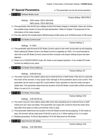 Chapter 12 Description of Parameter SettingsCH2000 Series
12-115
07 Special Parameters  This parameter can be set during operation.
 Software Brake Level
Factory Setting: 380.0/760.0
Settings 230V series: 350.0~450.0Vdc
460V series: 700.0~900.0Vdc
 This parameter sets the DC-bus voltage at which the brake chopper is activated. Users can choose
the suitable brake resistor to have the best deceleration. Refer to Chapter 7 Accessories for the
information of the brake resistor.
 It is only valid for the models below 30kW(include) of 460 series and 18.5kW(include) of 230 series.
 DC Brake Current Level
Factory Setting: 0
Settings 0~100%
 This parameter sets the level of DC Brake Current output to the motor during start-up and stopping.
When setting DC Brake Current, the Rated Current is regarded as 100%. It is recommended to
start with a low DC Brake Current Level and then increase until proper holding torque has been
attained.
 When it is in FOCPG/TQCPG mode, DC brake is zero-speed operation. It can enable DC brake
function by setting to any value.
 DC Brake Time at Start-up
Factory Setting: 0.0
Settings 0.00~60.0 sec
 The motor may be in the rotation status due to external force or itself inertia. If the drive is used with
the motor at this moment, it may cause motor damage or drive protection due to over current. This
parameter can be used to output DC current before motor operation to stop the motor and get a
stable start. This parameter determines the duration of the DC Brake current after a RUN command.
When it is set to 0.0, it is invalid.
 DC Brake Time at Stop
Factory Setting: 0.00
Settings 0.00~60.00 sec
 The motor may be in the rotation status after drive stop outputting due to external force or itself
inertia and can’t stop accurately. This parameter can output DC current to force the motor drive
stop after drive stops to make sure that the motor is stop.
 This parameter determines the duration of the DC Brake current during stopping. To DC brake at
stop, this function will be valid when Pr.00-22 is set to 0 or 2. When setting to 0.0, it is invalid.
 Related parameters: Pr.00-22 Stop Method, Pr.07-04 Start-point for DC Brake
 Start-Point for DC Brake
Factory Setting: 0.00
Settings 0.00~600.00Hz
 
