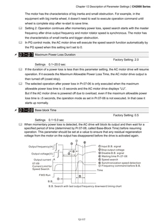 Chapter 12 Description of Parameter SettingsCH2000 Series
12-117
The motor has the characteristics of big inertia and small obstruction. For example, in the
equipment with big inertia wheel, it doesn’t need to wait to execute operation command until
wheel is complete stop after re-start to save time.
 Setting 2: Operation continues after momentary power loss, speed search starts with the master
frequency after drive output frequency and motor rotator speed is synchronous. The motor has
the characteristics of small inertia and bigger obstruction.
 In PG control mode, the AC motor drive will execute the speed search function automatically by
the PG speed when this setting isn’t set to 0.
 Maximum Power Loss Duration
Factory Setting: 2.0
Settings 0.1~20.0 sec
 If the duration of a power loss is less than this parameter setting, the AC motor drive will resume
operation. If it exceeds the Maximum Allowable Power Loss Time, the AC motor drive output is
then turned off (coast stop).
 The selected operation after power loss in Pr.07-06 is only executed when the maximum
allowable power loss time is 5 seconds and the AC motor drive displays “LU”.
But if the AC motor drive is powered off due to overload, even if the maximum allowable power
loss time is 5 seconds, the operation mode as set in Pr.07-06 is not executed. In that case it
starts up normally.
 Base block Time
Factory Setting: 0.5
Settings 0.1~5.0 sec
 When momentary power loss is detected, the AC drive will block its output and then wait for a
specified period of time (determined by Pr.07-08, called Base-Block Time) before resuming
operation. This parameter should be set at a value to ensure that any residual regeneration
voltage from the motor on the output has disappeared before the drive is activated again.
B.B.
A
Output frequency(H)
Output voltage(V)
Output current
07-09
Current Limit for
Speed Search
FWD Run
Time
B.B. Search with last output frequency downward timing chart
Input B.B. signal
Stop output voltage
Disable B.B. signal
Waiting time Pr.07-08
Speed search
Synchronization speed detection
7
7 Frequency command before B.B.
 