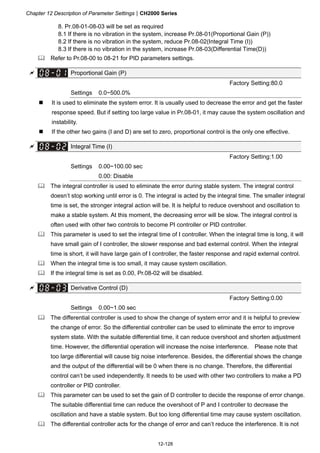Chapter 12 Description of Parameter SettingsCH2000 Series
12-128
8. Pr.08-01-08-03 will be set as required
8.1 If there is no vibration in the system, increase Pr.08-01(Proportional Gain (P))
8.2 If there is no vibration in the system, reduce Pr.08-02(Integral Time (I))
8.3 If there is no vibration in the system, increase Pr.08-03(Differential Time(D))
 Refer to Pr.08-00 to 08-21 for PID parameters settings.
 Proportional Gain (P)
Factory Setting:80.0
Settings 0.0~500.0%
 It is used to eliminate the system error. It is usually used to decrease the error and get the faster
response speed. But if setting too large value in Pr.08-01, it may cause the system oscillation and
instability.
 If the other two gains (I and D) are set to zero, proportional control is the only one effective.
 Integral Time (I)
Factory Setting:1.00
Settings 0.00~100.00 sec
0.00: Disable
 The integral controller is used to eliminate the error during stable system. The integral control
doesn’t stop working until error is 0. The integral is acted by the integral time. The smaller integral
time is set, the stronger integral action will be. It is helpful to reduce overshoot and oscillation to
make a stable system. At this moment, the decreasing error will be slow. The integral control is
often used with other two controls to become PI controller or PID controller.
 This parameter is used to set the integral time of I controller. When the integral time is long, it will
have small gain of I controller, the slower response and bad external control. When the integral
time is short, it will have large gain of I controller, the faster response and rapid external control.
 When the integral time is too small, it may cause system oscillation.
 If the integral time is set as 0.00, Pr.08-02 will be disabled.
 Derivative Control (D)
Factory Setting:0.00
Settings 0.00~1.00 sec
 The differential controller is used to show the change of system error and it is helpful to preview
the change of error. So the differential controller can be used to eliminate the error to improve
system state. With the suitable differential time, it can reduce overshoot and shorten adjustment
time. However, the differential operation will increase the noise interference. Please note that
too large differential will cause big noise interference. Besides, the differential shows the change
and the output of the differential will be 0 when there is no change. Therefore, the differential
control can’t be used independently. It needs to be used with other two controllers to make a PD
controller or PID controller.
 This parameter can be used to set the gain of D controller to decide the response of error change.
The suitable differential time can reduce the overshoot of P and I controller to decrease the
oscillation and have a stable system. But too long differential time may cause system oscillation.
 The differential controller acts for the change of error and can’t reduce the interference. It is not
 