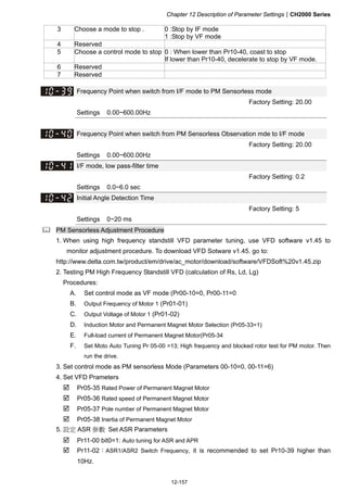 Chapter 12 Description of Parameter SettingsCH2000 Series
12-157
3 Choose a mode to stop . 0 :Stop by IF mode
1 :Stop by VF mode
4 Reserved
5 Choose a control mode to stop 0 : When lower than Pr10-40, coast to stop
If lower than Pr10-40, decelerate to stop by VF mode.
6 Reserved
7 Reserved
Frequency Point when switch from I/F mode to PM Sensorless mode
Factory Setting: 20.00
Settings 0.00~600.00Hz
Frequency Point when switch from PM Sensorless Observation mde to I/F mode
Factory Setting: 20.00
Settings 0.00~600.00Hz
I/F mode, low pass-filter time
Factory Setting: 0.2
Settings 0.0~6.0 sec
Initial Angle Detection Time
Factory Setting: 5
Settings 0~20 ms
 PM Sensorless Adjustment Procedure
1. When using high frequency standstill VFD parameter tuning, use VFD software v1.45 to
monitor adjustment procedure. To download VFD Sotware v1.45. go to:
http://www.delta.com.tw/product/em/drive/ac_motor/download/software/VFDSoft%20v1.45.zip
2. Testing PM High Frequency Standstill VFD (calculation of Rs, Ld, Lg)
Procedures:
A. Set control mode as VF mode (Pr00-10=0, Pr00-11=0
B. Output Frequency of Motor 1 (Pr01-01)
C. Output Voltage of Motor 1 (Pr01-02)
D. Induction Motor and Permanent Magnet Motor Selection (Pr05-33=1)
E. Full-load current of Permanent Magnet Motor(Pr05-34
F. Set Moto Auto Tuning Pr 05-00 =13; High frequency and blocked rotor test for PM motor. Then
run the drive.
3. Set control mode as PM sensorless Mode (Parameters 00-10=0, 00-11=6)
4. Set VFD Prameters
 Pr05-35 Rated Power of Permanent Magnet Motor
 Pr05-36 Rated speed of Permanent Magnet Motor
 Pr05-37 Pole number of Permanent Magnet Motor
 Pr05-38 Inertia of Permanent Magnet Motor
5. 設定 ASR 參數 Set ASR Parameters
 Pr11-00 bit0=1: Auto tuning for ASR and APR
 Pr11-02：ASR1/ASR2 Switch Frequency, it is recommended to set Pr10-39 higher than
10Hz.
 