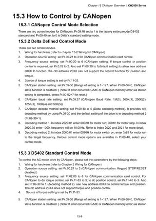 Chapter 15 CANopen Overview CH2000 Series
15-9
15.3 How to Control by CANopen
15.3.1 CANopen Control Mode Selection
There are two control modes for CANopen; Pr.09.40 set to 1 is the factory setting mode DS402
standard and Pr.09.40 set to 0 is Delta’s standard setting mode.
15.3.2 Delta Defined Control Mode
There are two control modes.
1. Wiring for hardware (refer to chapter 15-2 Wiring for CANopen)
2. Operation source setting: set Pr.00-21 to 3 for CANopen communication card control.
3. Frequency source setting: set Pr.00.20 to 6 (CANopen setting. If torque control or position
control is required, set Pr.0.02 to 2. Also set Pr.09.30 to 1(default setting) to allow new address
60XX to function, the old address 20XX can not support the control function for position and
torque.
4. Source of torque setting is set by Pr.11-33.
5. CANopen station setting: set Pr.09-36 (Range of setting is 1~127. When Pr.09-36=0, CANopen
slave function is disabled. ) (Note: If error occurred (CAdE or CANopen memory error) as station
setting is completed, press Pr.00-02=7 for reset.)
6. CANopen baud rate setting: set Pr.09.37 (CANopen Baud Rate: 1M(0), 500K(1), 250K(2),
125K(3), 100K(4) and 50K(5))
7. CANopen decode method setting: set Pr.09.40 to 0 (Delta decoding method). It provides two
decoding method by using Pr.09-30 and the default setting of the drive is in decoding method 2
(Pr.09-30=1).
8. Decoding method 1. In index 2020.01 enter 0002H for motor run; 0001H for motor stop. In index
2020.02 enter 1000, frequency will be 10.00Hz. Refer to Index 2020 and 2021 for more detail.
9. Decoding method 2. In index 2060.01 enter 0080H for motor switch on; enter 0x81 for motor run
to the target frequency. Various control mode options are available in Pr.00-40, select your
control mode.
15.3.3 DS402 Standard Control Mode
To control the AC motor drive by CANopen, please set the parameters by the following steps:
1. Wiring for hardware (refer to Chapter 2 Wiring for CANopen)
2. Operation source setting: set Pr.00.21 to 3 (CANopen communication. Keypad STOP/RESET
disabled.)
3. Frequency source setting: set Pr.02.00 to 6 for CANopen communication card control. For
CANopen to do torque control, set Pr.11-33 to 3; to do position control, set Pr.11-40 to 3. Also
set Pr.09-30 to 1 (decoding method 2), use new address 60XX to control torque and position.
The old address 20XX does not support torque and position control.
4. Source of torque setting is set by Pr.11-33.
5. CANopen station setting: set Pr.09-36 (Range of setting is 1~127. When Pr.09-36=0, CANopen
slave function is disabled. ) (Note: If error occurred (CAdE or CANopen memory error) as station
 