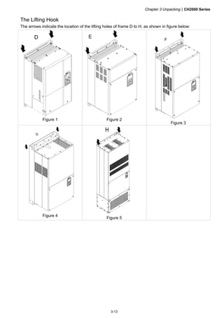 Chapter 3 UnpackingCH2000 Series
3-13
The Lifting Hook
The arrows indicate the location of the lifting holes of frame D to H, as shown in figure below:
D
Figure 1
E
Figure 2
F
Figure 3
G
Figure 4
Figure 5
 