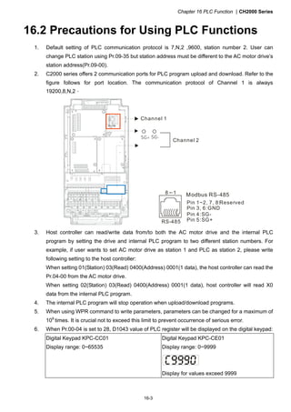 Chapter 16 PLC Function CH2000 Series
16-3
16.2 Precautions for Using PLC Functions
1. Default setting of PLC communication protocol is 7,N,2 ,9600, station number 2. User can
change PLC station using Pr.09-35 but station address must be different to the AC motor drive’s
station address(Pr.09-00).
2. C2000 series offers 2 communication ports for PLC program upload and download. Refer to the
figure follows for port location. The communication protocol of Channel 1 is always
19200,8,N,2。
Channel 1
Channel 2
SG-SG+
RS-485
8 1 Modbus RS-485
Pin 1~2, 7, 8:
Pin 3, 6:GND
Pin 4:SG-
Pin 5:SG+
Reserved
3. Host controller can read/write data from/to both the AC motor drive and the internal PLC
program by setting the drive and internal PLC program to two different station numbers. For
example, if user wants to set AC motor drive as station 1 and PLC as station 2, please write
following setting to the host controller:
When setting 01(Station) 03(Read) 0400(Address) 0001(1 data), the host controller can read the
Pr.04-00 from the AC motor drive.
When setting 02(Station) 03(Read) 0400(Address) 0001(1 data), host controller will read X0
data from the internal PLC program.
4. The internal PLC program will stop operation when upload/download programs.
5. When using WPR command to write parameters, parameters can be changed for a maximum of
109
times. It is crucial not to exceed this limit to prevent occurrence of serious error.
6. When Pr.00-04 is set to 28, D1043 value of PLC register will be displayed on the digital keypad:
Digital Keypad KPC-CC01
Display range: 0~65535
Digital Keypad KPC-CE01
Display range: 0~9999
Display for values exceed 9999
 
