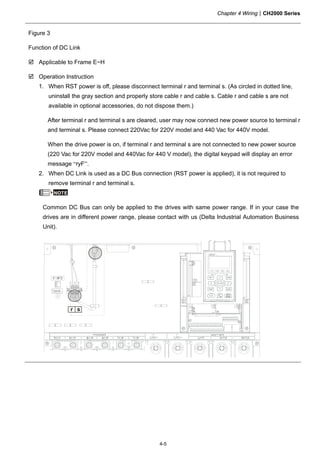 Chapter 4 WiringCH2000 Series
4-5
Figure 3
Function of DC Link
 Applicable to Frame E~H
 Operation Instruction
1. When RST power is off, please disconnect terminal r and terminal s. (As circled in dotted line,
uninstall the gray section and properly store cable r and cable s. Cable r and cable s are not
available in optional accessories, do not dispose them.)
After terminal r and terminal s are cleared, user may now connect new power source to terminal r
and terminal s. Please connect 220Vac for 220V model and 440 Vac for 440V model.
When the drive power is on, if terminal r and terminal s are not connected to new power source
(220 Vac for 220V model and 440Vac for 440 V model), the digital keypad will display an error
message “ryF”.
2. When DC Link is used as a DC Bus connection (RST power is applied), it is not required to
remove terminal r and terminal s.
NOTE
Common DC Bus can only be applied to the drives with same power range. If in your case the
drives are in different power range, please contact with us (Delta Industrial Automation Business
Unit).
r s
 