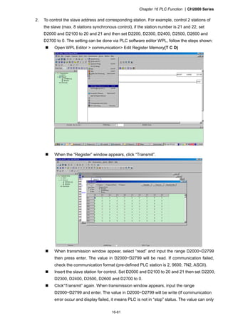 Chapter 16 PLC Function CH2000 Series
16-81
2. To control the slave address and corresponding station. For example, control 2 stations of
the slave (max. 8 stations synchronous control), if the station number is 21 and 22, set
D2000 and D2100 to 20 and 21 and then set D2200, D2300, D2400, D2500, D2600 and
D2700 to 0. The setting can be done via PLC software editor WPL, follow the steps shown:
 Open WPL Editor  communication Edit Register Memory(T C D)
 When the “Register” window appears, click “Transmit”.
 When transmission window appear, select “read” and input the range D2000~D2799
then press enter. The value in D2000~D2799 will be read. If communication failed,
check the communication format (pre-defined PLC station is 2, 9600, 7N2, ASCII).
 Insert the slave station for control. Set D2000 and D2100 to 20 and 21 then set D2200,
D2300, D2400, D2500, D2600 and D2700 to 0.
 Click”Transmit” again. When transmission window appears, input the range
D2000~D2799 and enter. The value in D2000~D2799 will be write (If communication
error occur and display failed, it means PLC is not in “stop” status. The value can only
 