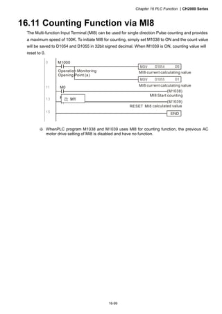 Chapter 16 PLC Function CH2000 Series
16-99
16.11 Counting Function via MI8
The Multi-function Input Terminal (MI8) can be used for single direction Pulse counting and provides
a maximum speed of 100K. To initiate MI8 for counting, simply set M1038 to ON and the count value
will be saved to D1054 and D1055 in 32bit signed decimal. When M1039 is ON, counting value will
reset to 0.
0 M1000
MOV D0D1054
MI8 current calculating value
MOV D1D1055
M0
(M1038)
MI8
M0
(M1039)
RESET MI8
END
11
13
15
Operation Monitoring
Opening Point (a)
MI8 current calculating value
Start counting
calculated value
※ WhenPLC program M1038 and M1039 uses MI8 for counting function, the previous AC
motor drive setting of MI8 is disabled and have no function.
改 M1
 