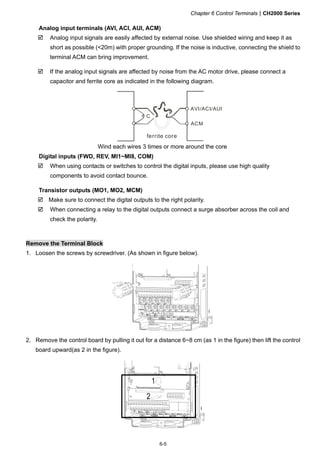 Chapter 6 Control TerminalsCH2000 Series
6-5
Analog input terminals (AVI, ACI, AUI, ACM)
 Analog input signals are easily affected by external noise. Use shielded wiring and keep it as
short as possible (<20m) with proper grounding. If the noise is inductive, connecting the shield to
terminal ACM can bring improvement.
 If the analog input signals are affected by noise from the AC motor drive, please connect a
capacitor and ferrite core as indicated in the following diagram.
C
AVI/ACI/AUI
ACM
ferrite core
Wind each wires 3 times or more around the core
Digital inputs (FWD, REV, MI1~MI8, COM)
 When using contacts or switches to control the digital inputs, please use high quality
components to avoid contact bounce.
Transistor outputs (MO1, MO2, MCM)
 Make sure to connect the digital outputs to the right polarity.
 When connecting a relay to the digital outputs connect a surge absorber across the coil and
check the polarity.
Remove the Terminal Block
1. Loosen the screws by screwdriver. (As shown in figure below).
2. Remove the control board by pulling it out for a distance 6~8 cm (as 1 in the figure) then lift the control
board upward(as 2 in the figure).
 