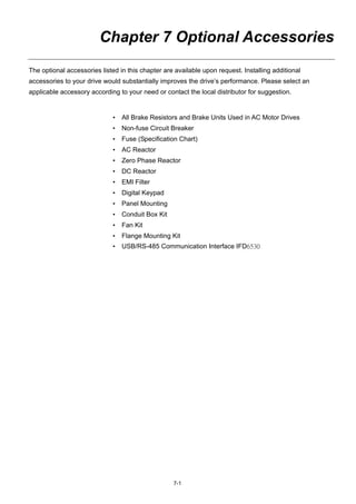 7-1
Chapter 7 Optional Accessories
The optional accessories listed in this chapter are available upon request. Installing additional
accessories to your drive would substantially improves the drive’s performance. Please select an
applicable accessory according to your need or contact the local distributor for suggestion.
• All Brake Resistors and Brake Units Used in AC Motor Drives
• Non-fuse Circuit Breaker
• Fuse (Specification Chart)
• AC Reactor
• Zero Phase Reactor
• DC Reactor
• EMI Filter
• Digital Keypad
• Panel Mounting
• Conduit Box Kit
• Fan Kit
• Flange Mounting Kit
• USB/RS-485 Communication Interface IFD6530
 