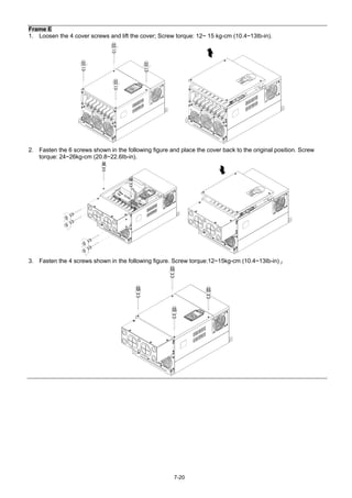 7-20
Frame E
1. Loosen the 4 cover screws and lift the cover; Screw torque: 12~ 15 kg-cm (10.4~13Ib-in).
2. Fasten the 6 screws shown in the following figure and place the cover back to the original position. Screw
torque: 24~26kg-cm (20.8~22.6Ib-in).
3. Fasten the 4 screws shown in the following figure. Screw torque:12~15kg-cm (10.4~13Ib-in)』
 