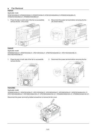 7-27
 Fan Removal
Frame A
Applicable mode
VFD015CH23A-21;VFD022CH23A-21;VFD037CH23A-21;VFD015CH43A/4EA-21;VFD022CH43A/4EA-21;
VFD037CH43A/4EA-21; VFD055CH43A/4EA-21
1. Press the tabs on both side of the fan to successfully
remove the fan. (The arrow)
2. Disconnect the power terminal before removing the fan.
(As shown below.)
Frame B
Applicable model
VFD055CH23A-21; VFD075CH23A-21; VFD110CH23A-21; VFD075CH43A/43E-21; VFD110CH43A/43E-21;
VFD150CH43A/43E-21
1. Press the tab on both side of the fan to successfully
remove the fan.
2. Disconnect the power terminal before removing the fan.
Frame B&C
Applicable model
VFD055CH23A-21; VFD075CH23A-21; VFD110CH23A-21; VFD150CH23A-21; VFD185CH23A-21; VFD075CH43A/4 EA -21;
VFD110CH43A/4EA-21; VFD150CH43A/4 EA -21; VFD185CH43A/4 EA -21; VFD220CH43A/4 EA -21; VFD300CH43A/4 EA -21
Disconnect the power terminal by slotted screwdriver to remove the fan cover.
 