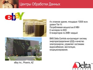 Центры Обработки Данных



                         4-х этажное здание, площадью 13500 кв.м.
                         уровня Tier IV.
                         Потребляемая мощностью 8 МВт
                         6 чиллеров по 600т
                         8 генераторов по 2МВт каждый

                         BMS Delta Controls контролирует систему
                         энергораспределения ЦОД и качество
                         электроэнергии, управляет системами
                         водоснабжения, вентиляции,
                         кондиционирования.




eBay Inc., Phoenix, AZ
 