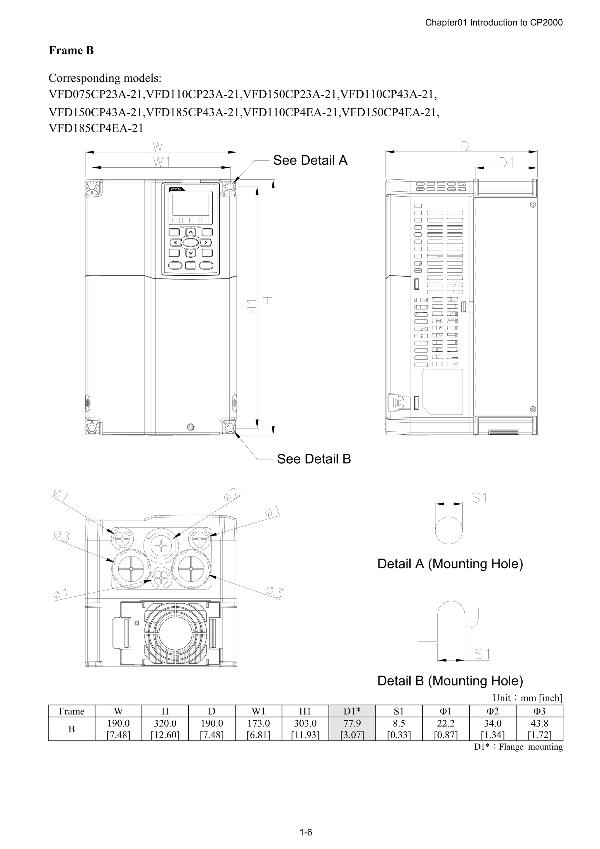 Chapter01 Introduction to CP2000
1-6
Frame B
Corresponding models:
VFD075CP23A-21,VFD110CP23A-21,VFD150CP23A-21,VFD110CP43A-21,
VFD150CP43A-21,VFD185CP43A-21,VFD110CP4EA-21,VFD150CP4EA-21,
VFD185CP4EA-21
Detail A (Mounting Hole)
Detail B (Mounting Hole)
See Detail A
See Detail B
Unit：mm [inch]
Frame W H D W1 H1 D1* S1 Φ1 Φ2 Φ3
B
190.0
[7.48]
320.0
[12.60]
190.0
[7.48]
173.0
[6.81]
303.0
[11.93]
77.9
[3.07]
8.5
[0.33]
22.2
[0.87]
34.0
[1.34]
43.8
[1.72]
D1*：Flange mounting
 