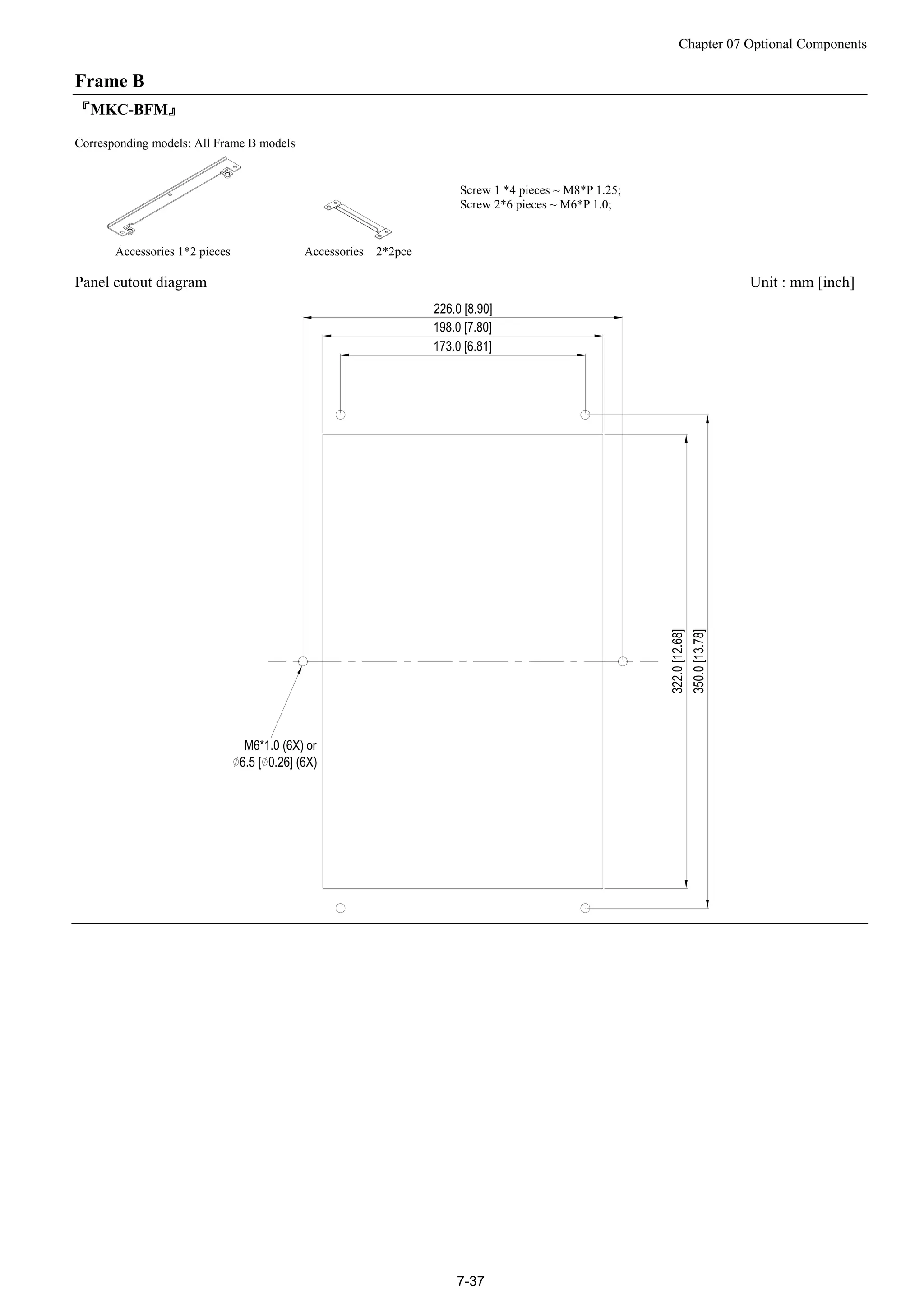 Chapter 07 Optional Components
7-37
Frame B
『MKC-BFM』
Corresponding models: All Frame B models
Accessories 1*2 pieces Accessories 2*2pce
Screw 1 *4 pieces ~ M8*P 1.25;
Screw 2*6 pieces ~ M6*P 1.0;
Panel cutout diagram Unit : mm [inch]
 
