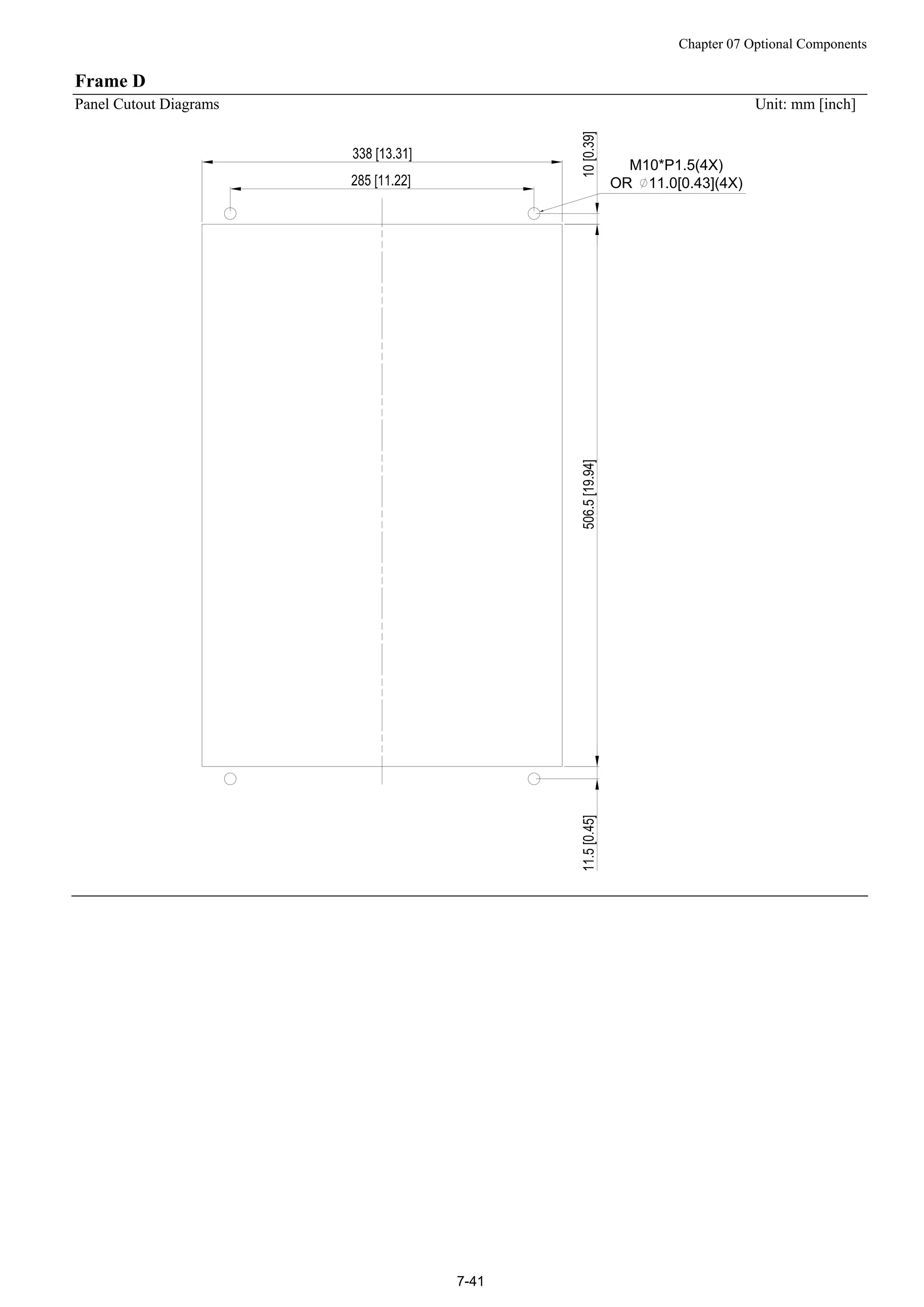 Chapter 07 Optional Components
7-41
Frame D
Panel Cutout Diagrams Unit: mm [inch]
M10*P1.5(4X)
OR 11.0[0.43](4X)
 