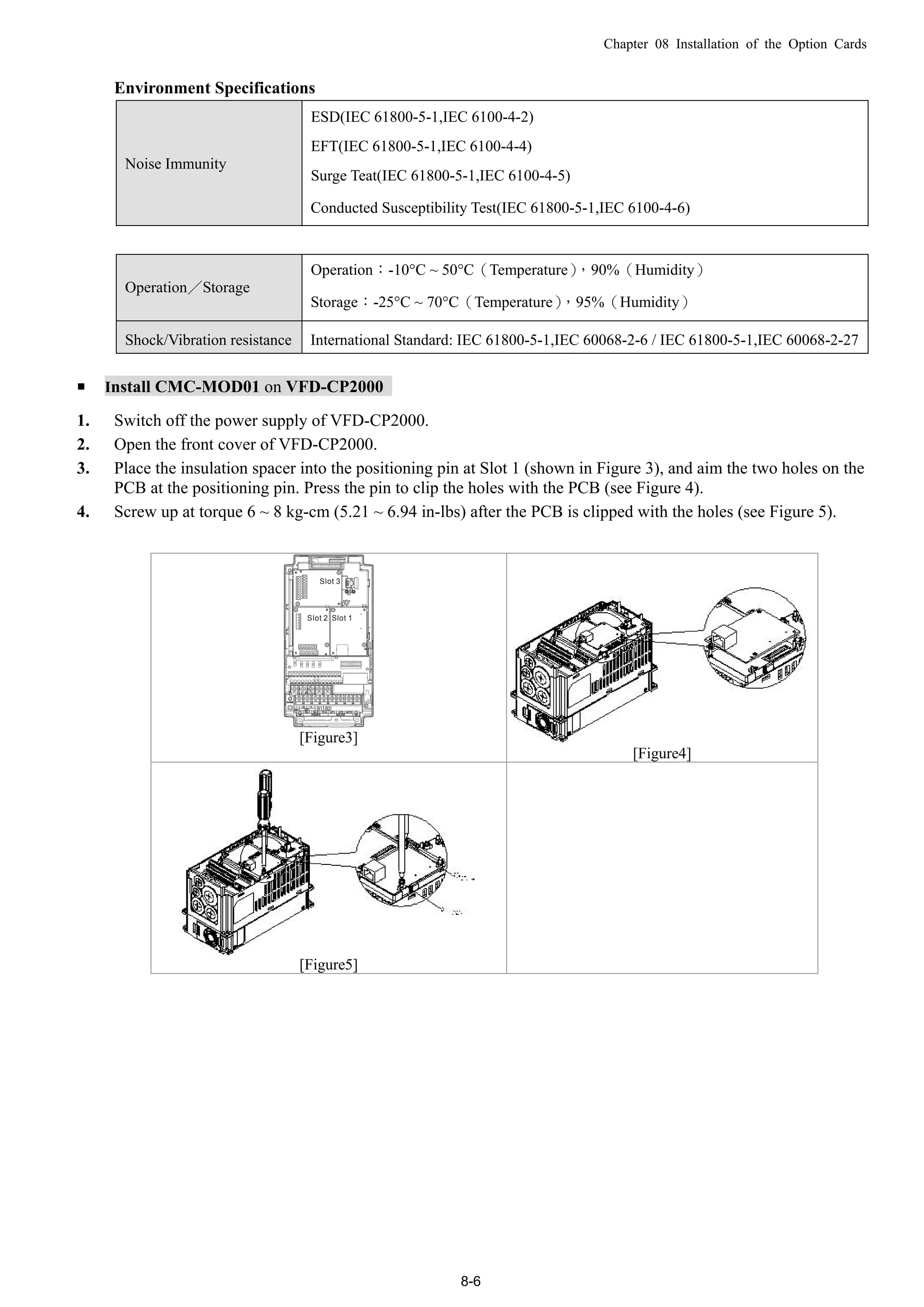 Chapter 08 Installation of the Option Cards
8-6
Environment Specifications
Noise Immunity
ESD(IEC 61800-5-1,IEC 6100-4-2)
EFT(IEC 61800-5-1,IEC 6100-4-4)
Surge Teat(IEC 61800-5-1,IEC 6100-4-5)
Conducted Susceptibility Test(IEC 61800-5-1,IEC 6100-4-6)
Operation／Storage
Operation：-10°C ~ 50°C（Temperature），90%（Humidity）
Storage：-25°C ~ 70°C（Temperature），95%（Humidity）
Shock/Vibration resistance International Standard: IEC 61800-5-1,IEC 60068-2-6 / IEC 61800-5-1,IEC 60068-2-27
 Install CMC-MOD01 on VFD-CP2000
1. Switch off the power supply of VFD-CP2000.
2. Open the front cover of VFD-CP2000.
3. Place the insulation spacer into the positioning pin at Slot 1 (shown in Figure 3), and aim the two holes on the
PCB at the positioning pin. Press the pin to clip the holes with the PCB (see Figure 4).
4. Screw up at torque 6 ~ 8 kg-cm (5.21 ~ 6.94 in-lbs) after the PCB is clipped with the holes (see Figure 5).
Slot 1Slot 2
Slot 3
[Figure3]
[Figure4]
[Figure5]
 