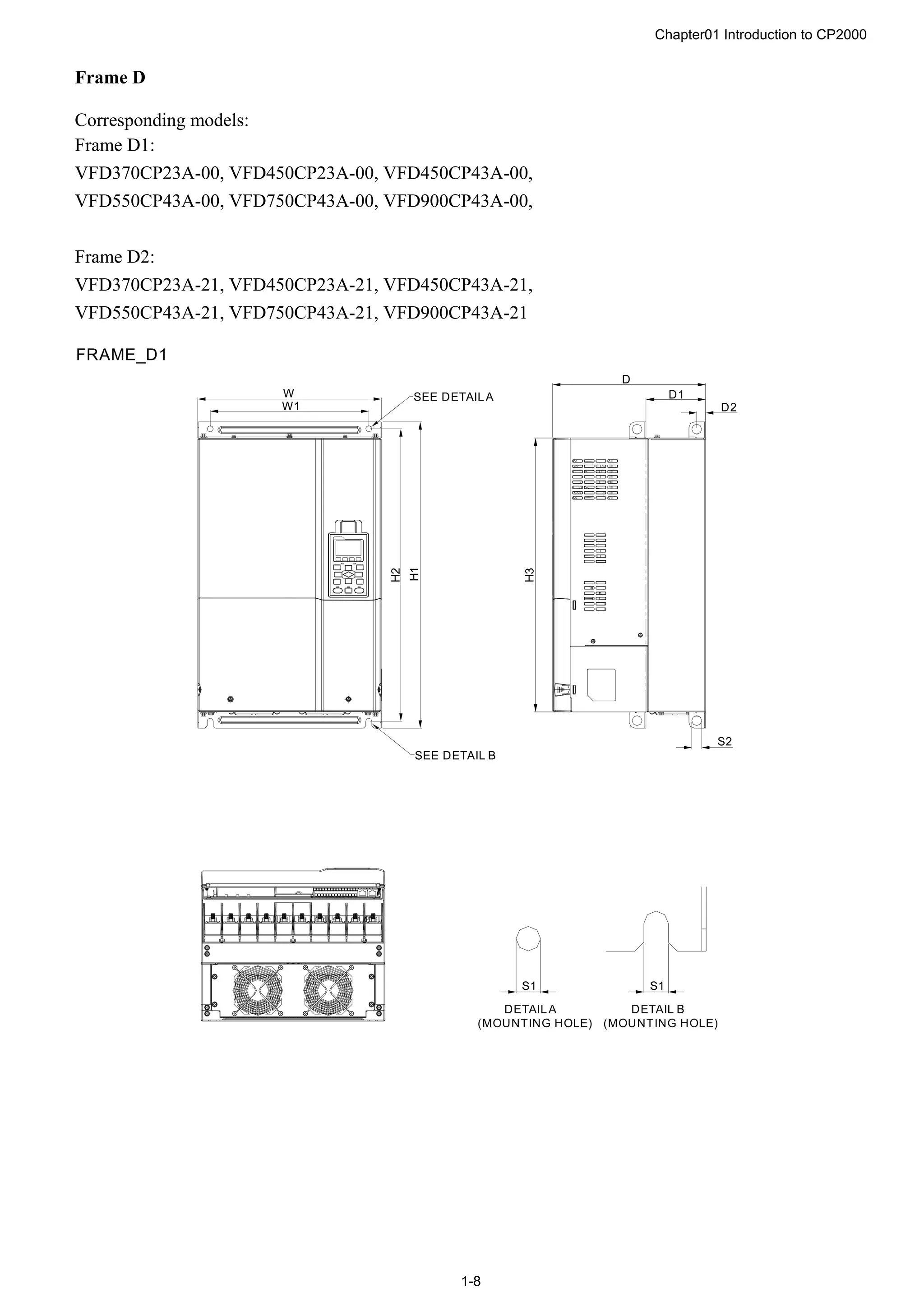 Chapter01 Introduction to CP2000
1-8
Frame D
Corresponding models:
Frame D1:
VFD370CP23A-00, VFD450CP23A-00, VFD450CP43A-00,
VFD550CP43A-00, VFD750CP43A-00, VFD900CP43A-00,
Frame D2:
VFD370CP23A-21, VFD450CP23A-21, VFD450CP43A-21,
VFD550CP43A-21, VFD750CP43A-21, VFD900CP43A-21
W
W1
H1
H2
S1S1
SEE DETAILA
DETAILA
(MOUNTING HOLE)
DETAIL B
(MOUNTING HOLE)
SEE DETAIL B
D
H3
D1
S2
D2
FRAME_D1
 