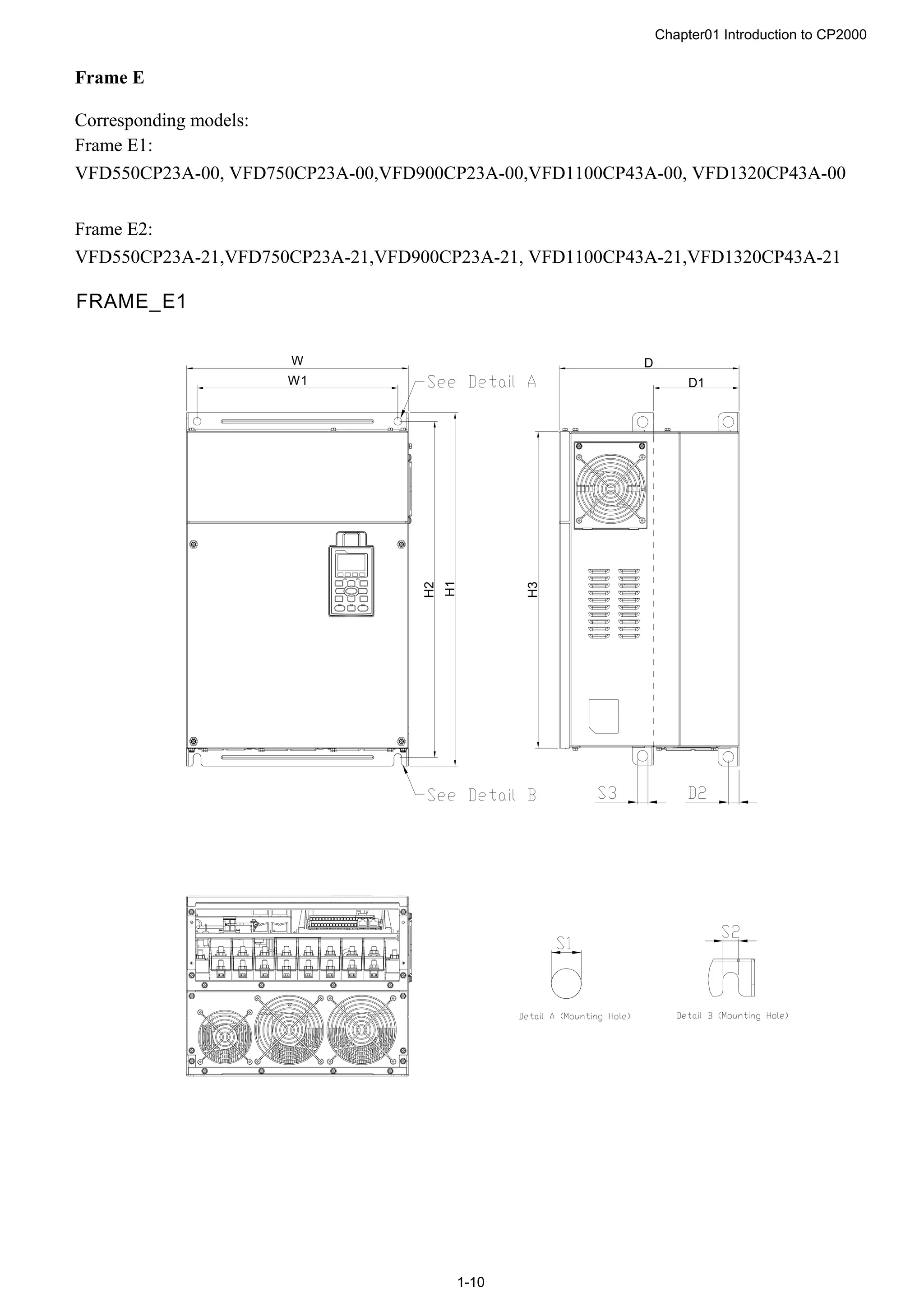 Chapter01 Introduction to CP2000
1-10
Frame E
Corresponding models:
Frame E1:
VFD550CP23A-00, VFD750CP23A-00,VFD900CP23A-00,VFD1100CP43A-00, VFD1320CP43A-00
Frame E2:
VFD550CP23A-21,VFD750CP23A-21,VFD900CP23A-21, VFD1100CP43A-21,VFD1320CP43A-21
W1
W
H2
H1
H3
D1
D
FRAME_E1
 