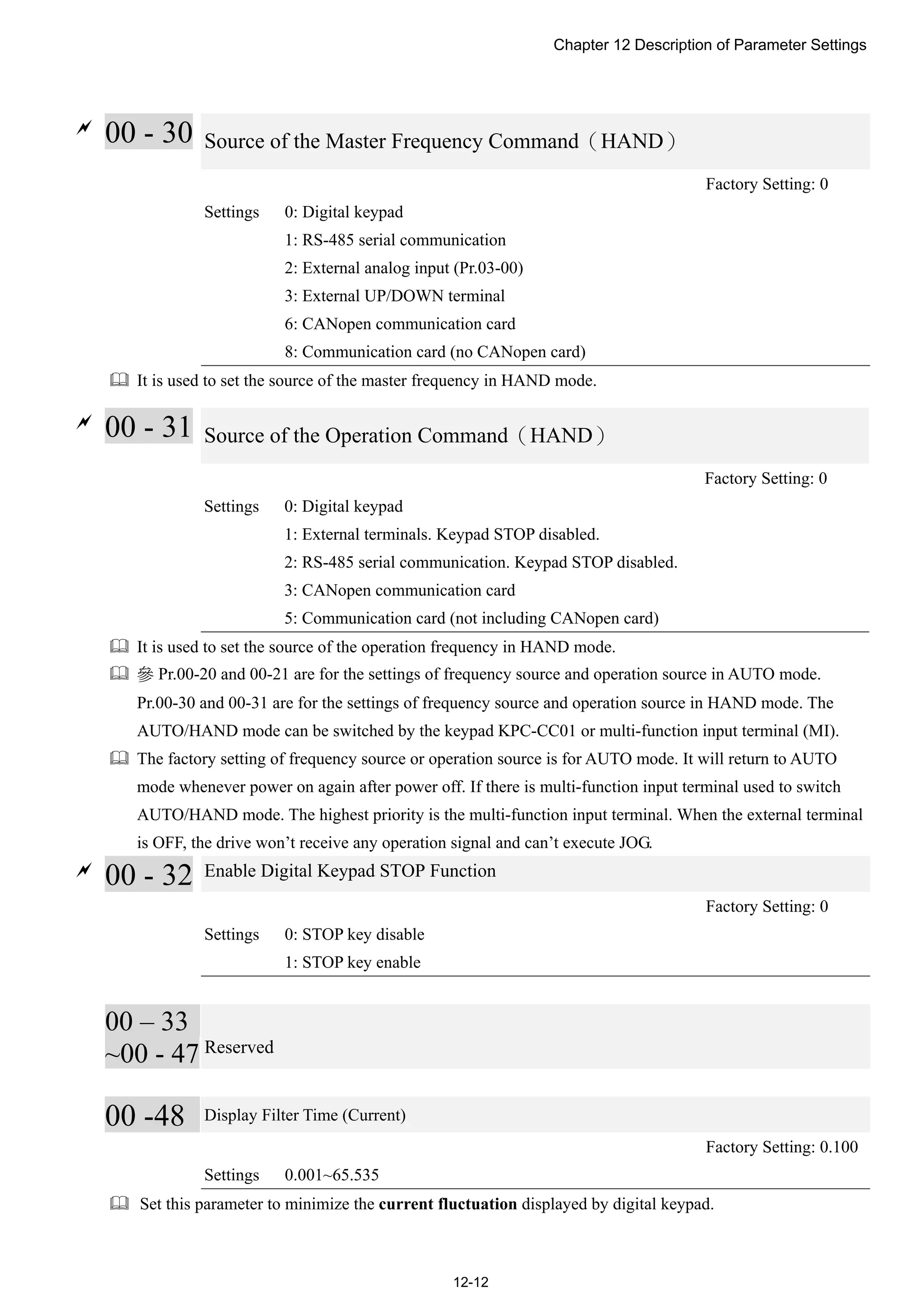 Chapter 12 Description of Parameter Settings
12-12

00 - 30 Source of the Master Frequency Command（HAND）
Factory Setting: 0
Settings 0: Digital keypad
1: RS-485 serial communication
2: External analog input (Pr.03-00)
3: External UP/DOWN terminal
6: CANopen communication card
8: Communication card (no CANopen card)
 It is used to set the source of the master frequency in HAND mode.

00 - 31 Source of the Operation Command（HAND）
Factory Setting: 0
Settings 0: Digital keypad
1: External terminals. Keypad STOP disabled.
2: RS-485 serial communication. Keypad STOP disabled.
3: CANopen communication card
5: Communication card (not including CANopen card)
 It is used to set the source of the operation frequency in HAND mode.
 參 Pr.00-20 and 00-21 are for the settings of frequency source and operation source in AUTO mode.
Pr.00-30 and 00-31 are for the settings of frequency source and operation source in HAND mode. The
AUTO/HAND mode can be switched by the keypad KPC-CC01 or multi-function input terminal (MI).
 The factory setting of frequency source or operation source is for AUTO mode. It will return to AUTO
mode whenever power on again after power off. If there is multi-function input terminal used to switch
AUTO/HAND mode. The highest priority is the multi-function input terminal. When the external terminal
is OFF, the drive won’t receive any operation signal and can’t execute JOG.

00 - 32 Enable Digital Keypad STOP Function
Factory Setting: 0
Settings 0: STOP key disable
1: STOP key enable
00 – 33
~00 - 47 Reserved
00 -48 Display Filter Time (Current)
Factory Setting: 0.100
Settings 0.001~65.535
 Set this parameter to minimize the current fluctuation displayed by digital keypad.
 