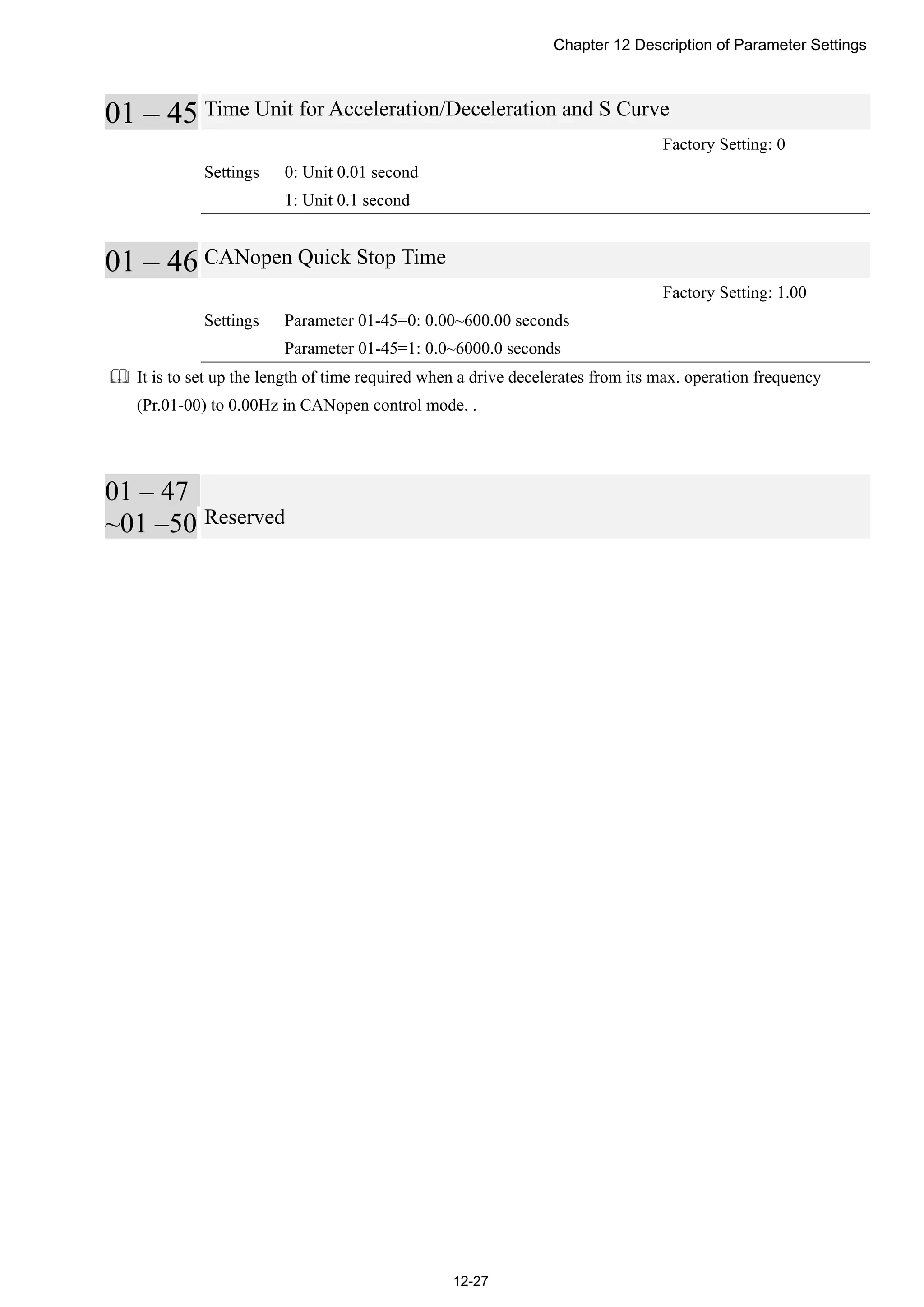 Chapter 12 Description of Parameter Settings
12-27
01 – 45 Time Unit for Acceleration/Deceleration and S Curve
Factory Setting: 0
Settings 0: Unit 0.01 second
1: Unit 0.1 second
01 – 46 CANopen Quick Stop Time
Factory Setting: 1.00
Settings Parameter 01-45=0: 0.00~600.00 seconds
Parameter 01-45=1: 0.0~6000.0 seconds
 It is to set up the length of time required when a drive decelerates from its max. operation frequency
(Pr.01-00) to 0.00Hz in CANopen control mode. .
01 – 47
~01 –50 Reserved
 