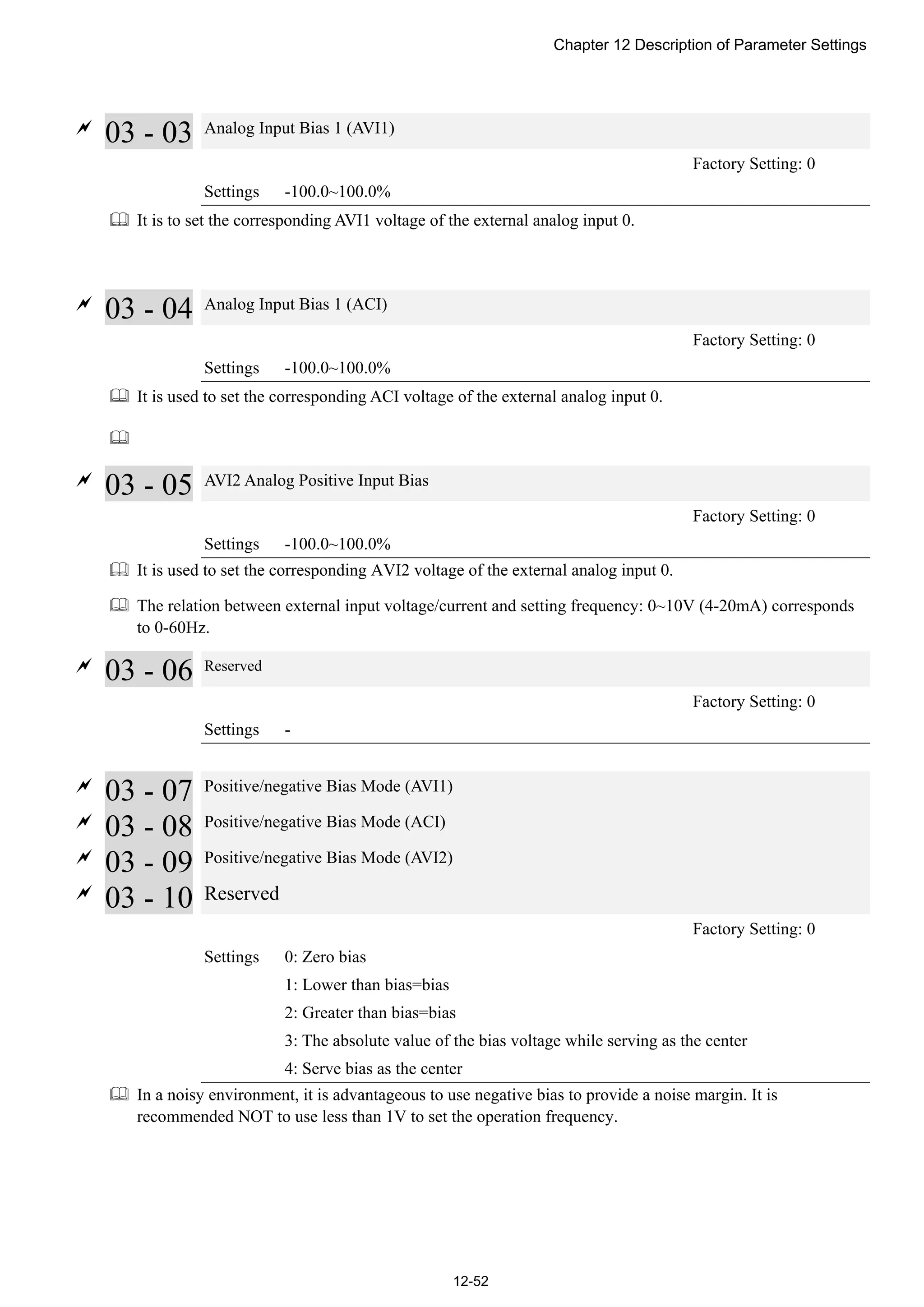Chapter 12 Description of Parameter Settings
12-52

03 - 03 Analog Input Bias 1 (AVI1)
Factory Setting: 0
Settings -100.0~100.0%
 It is to set the corresponding AVI1 voltage of the external analog input 0.

03 - 04 Analog Input Bias 1 (ACI)
Factory Setting: 0
Settings -100.0~100.0%
 It is used to set the corresponding ACI voltage of the external analog input 0.


03 - 05 AVI2 Analog Positive Input Bias
Factory Setting: 0
Settings -100.0~100.0%
 It is used to set the corresponding AVI2 voltage of the external analog input 0.
 The relation between external input voltage/current and setting frequency: 0~10V (4-20mA) corresponds
to 0-60Hz.

03 - 06 Reserved
Factory Setting: 0
Settings -

03 - 07 Positive/negative Bias Mode (AVI1)

03 - 08 Positive/negative Bias Mode (ACI)

03 - 09 Positive/negative Bias Mode (AVI2)

03 - 10 Reserved
Factory Setting: 0
Settings 0: Zero bias
1: Lower than bias=bias
2: Greater than bias=bias
3: The absolute value of the bias voltage while serving as the center
4: Serve bias as the center
 In a noisy environment, it is advantageous to use negative bias to provide a noise margin. It is
recommended NOT to use less than 1V to set the operation frequency.
 