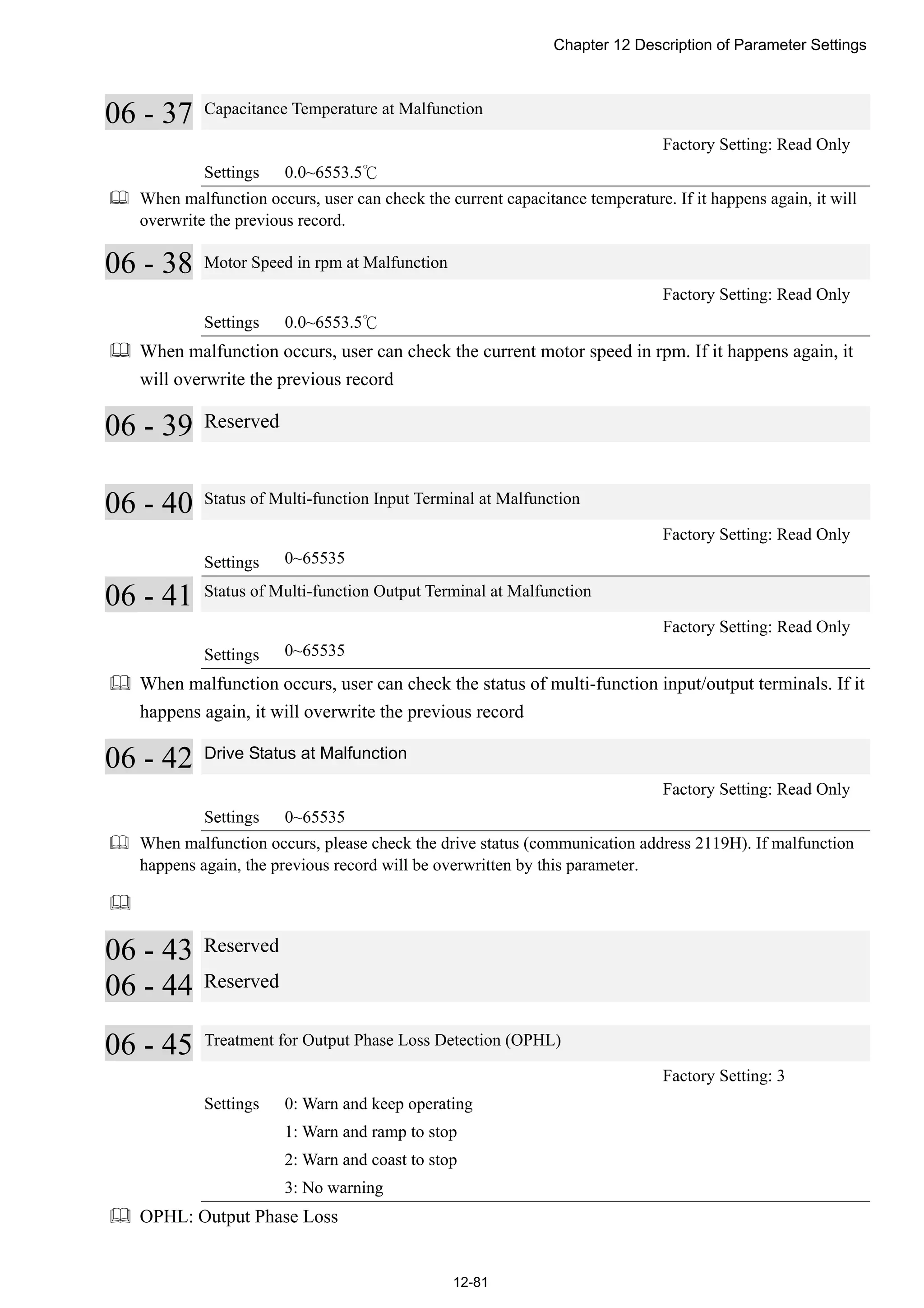 Chapter 12 Description of Parameter Settings
12-81
06 - 37 Capacitance Temperature at Malfunction
Factory Setting: Read Only
Settings 0.0~6553.5℃
 When malfunction occurs, user can check the current capacitance temperature. If it happens again, it will
overwrite the previous record.
06 - 38 Motor Speed in rpm at Malfunction
Factory Setting: Read Only
Settings 0.0~6553.5℃
 When malfunction occurs, user can check the current motor speed in rpm. If it happens again, it
will overwrite the previous record
06 - 39 Reserved
06 - 40 Status of Multi-function Input Terminal at Malfunction
Factory Setting: Read Only
Settings 0~65535
06 - 41 Status of Multi-function Output Terminal at Malfunction
Factory Setting: Read Only
Settings 0~65535
 When malfunction occurs, user can check the status of multi-function input/output terminals. If it
happens again, it will overwrite the previous record
06 - 42 Drive Status at Malfunction
Factory Setting: Read Only
Settings 0~65535
 When malfunction occurs, please check the drive status (communication address 2119H). If malfunction
happens again, the previous record will be overwritten by this parameter.

06 - 43 Reserved
06 - 44 Reserved
06 - 45 Treatment for Output Phase Loss Detection (OPHL)
Factory Setting: 3
Settings 0: Warn and keep operating
1: Warn and ramp to stop
2: Warn and coast to stop
3: No warning
 OPHL: Output Phase Loss
 