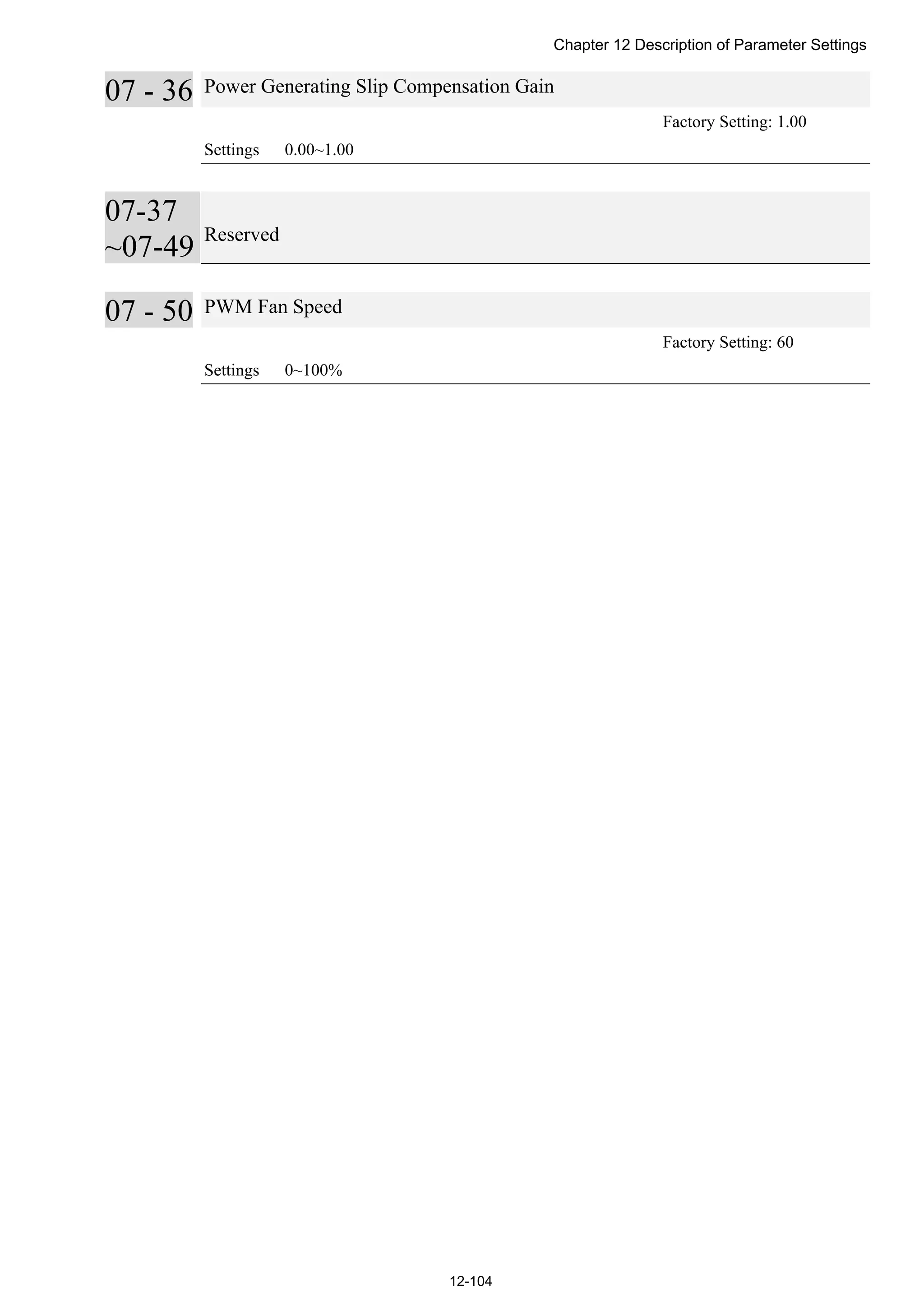 Chapter 12 Description of Parameter Settings
12-104
07 - 36 Power Generating Slip Compensation Gain
Factory Setting: 1.00
Settings 0.00~1.00
07-37
~07-49
Reserved
07 - 50 PWM Fan Speed
Factory Setting: 60
Settings 0~100%
 
