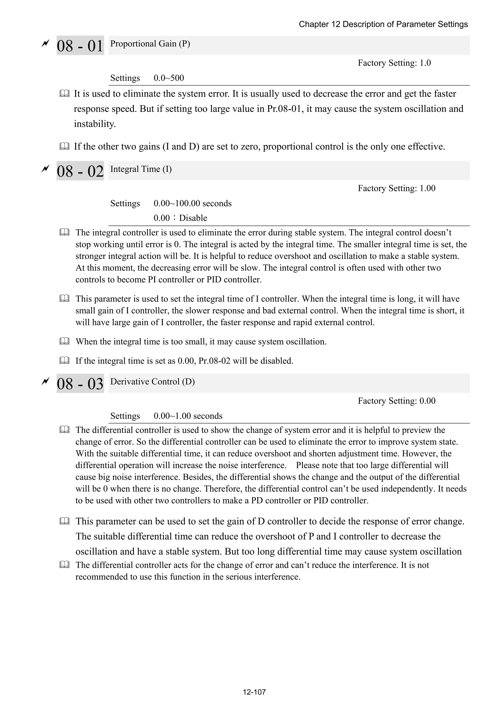 Chapter 12 Description of Parameter Settings
12-107

08 - 01 Proportional Gain (P)
Factory Setting: 1.0
Settings 0.0~500
 It is used to eliminate the system error. It is usually used to decrease the error and get the faster
response speed. But if setting too large value in Pr.08-01, it may cause the system oscillation and
instability.
 If the other two gains (I and D) are set to zero, proportional control is the only one effective.

08 - 02 Integral Time (I)
Factory Setting: 1.00
Settings 0.00~100.00 seconds
0.00：Disable
 The integral controller is used to eliminate the error during stable system. The integral control doesn’t
stop working until error is 0. The integral is acted by the integral time. The smaller integral time is set, the
stronger integral action will be. It is helpful to reduce overshoot and oscillation to make a stable system.
At this moment, the decreasing error will be slow. The integral control is often used with other two
controls to become PI controller or PID controller.
 This parameter is used to set the integral time of I controller. When the integral time is long, it will have
small gain of I controller, the slower response and bad external control. When the integral time is short, it
will have large gain of I controller, the faster response and rapid external control.
 When the integral time is too small, it may cause system oscillation.
 If the integral time is set as 0.00, Pr.08-02 will be disabled.

08 - 03 Derivative Control (D)
Factory Setting: 0.00
Settings 0.00~1.00 seconds
 The differential controller is used to show the change of system error and it is helpful to preview the
change of error. So the differential controller can be used to eliminate the error to improve system state.
With the suitable differential time, it can reduce overshoot and shorten adjustment time. However, the
differential operation will increase the noise interference. Please note that too large differential will
cause big noise interference. Besides, the differential shows the change and the output of the differential
will be 0 when there is no change. Therefore, the differential control can’t be used independently. It needs
to be used with other two controllers to make a PD controller or PID controller.
 This parameter can be used to set the gain of D controller to decide the response of error change.
The suitable differential time can reduce the overshoot of P and I controller to decrease the
oscillation and have a stable system. But too long differential time may cause system oscillation
 The differential controller acts for the change of error and can’t reduce the interference. It is not
recommended to use this function in the serious interference.
 
