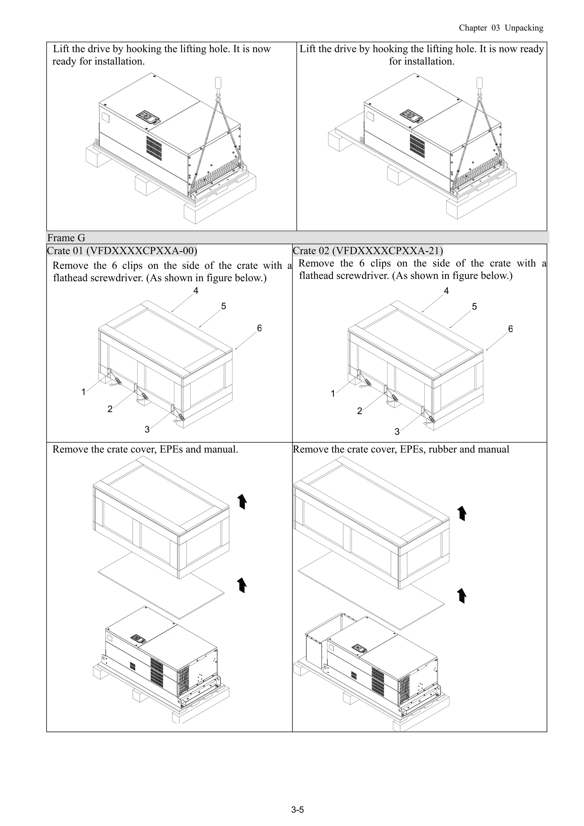 Chapter 03 Unpacking
3-5
Lift the drive by hooking the lifting hole. It is now
ready for installation.
Lift the drive by hooking the lifting hole. It is now ready
for installation.
Frame G
Crate 01 (VFDXXXXCPXXA-00) Crate 02 (VFDXXXXCPXXA-21)
Remove the 6 clips on the side of the crate with a
flathead screwdriver. (As shown in figure below.)
1
2
3
4
5
6
Remove the 6 clips on the side of the crate with a
flathead screwdriver. (As shown in figure below.)
1
2
3
4
5
6
Remove the crate cover, EPEs and manual. Remove the crate cover, EPEs, rubber and manual
 