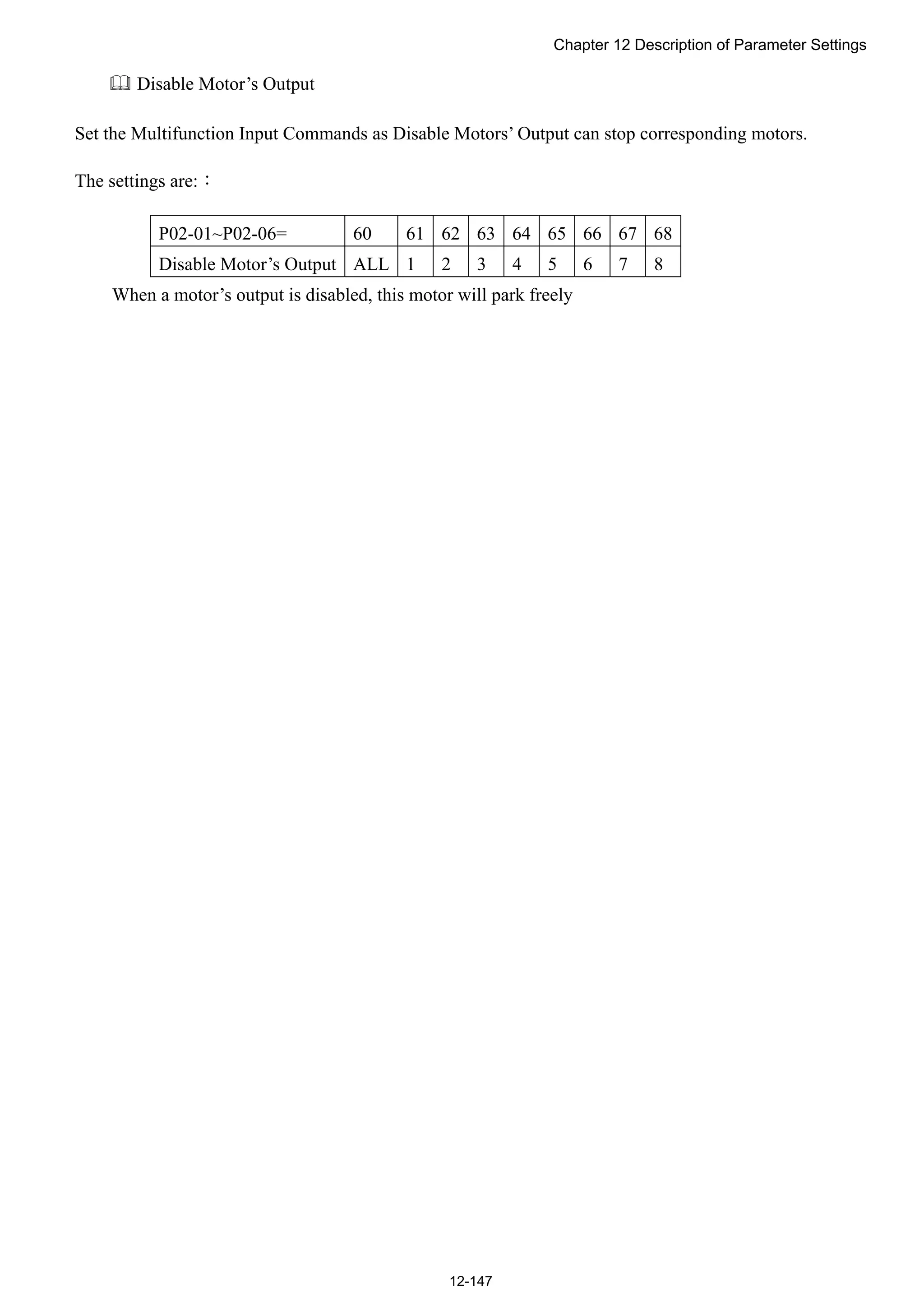 Chapter 12 Description of Parameter Settings
12-147
 Disable Motor’s Output
Set the Multifunction Input Commands as Disable Motors’ Output can stop corresponding motors.
The settings are:：
When a motor’s output is disabled, this motor will park freely
P02-01~P02-06= 60 61 62 63 64 65 66 67 68
Disable Motor’s Output ALL 1 2 3 4 5 6 7 8
 