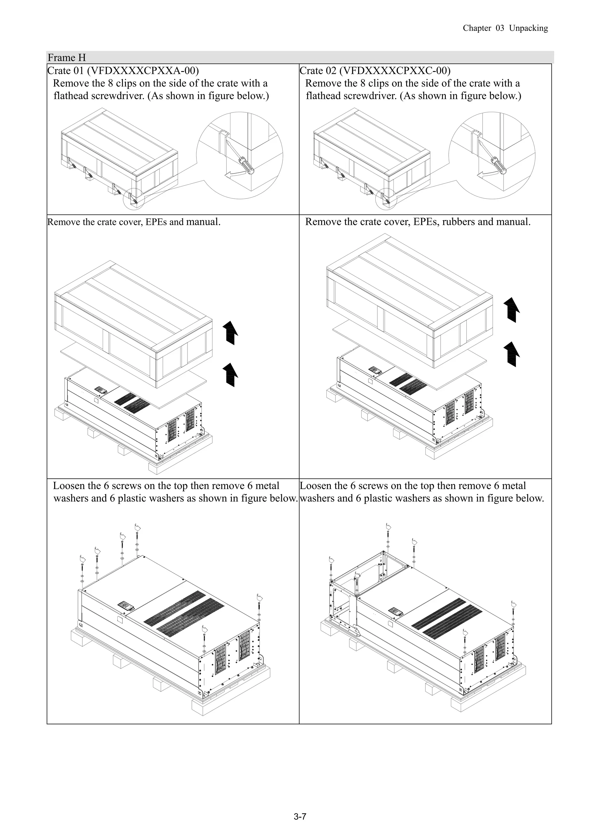 Chapter 03 Unpacking
3-7
Frame H
Crate 01 (VFDXXXXCPXXA-00) Crate 02 (VFDXXXXCPXXC-00)
Remove the 8 clips on the side of the crate with a
flathead screwdriver. (As shown in figure below.)
Remove the 8 clips on the side of the crate with a
flathead screwdriver. (As shown in figure below.)
Remove the crate cover, EPEs and manual. Remove the crate cover, EPEs, rubbers and manual.
Loosen the 6 screws on the top then remove 6 metal
washers and 6 plastic washers as shown in figure below.
Loosen the 6 screws on the top then remove 6 metal
washers and 6 plastic washers as shown in figure below.
 