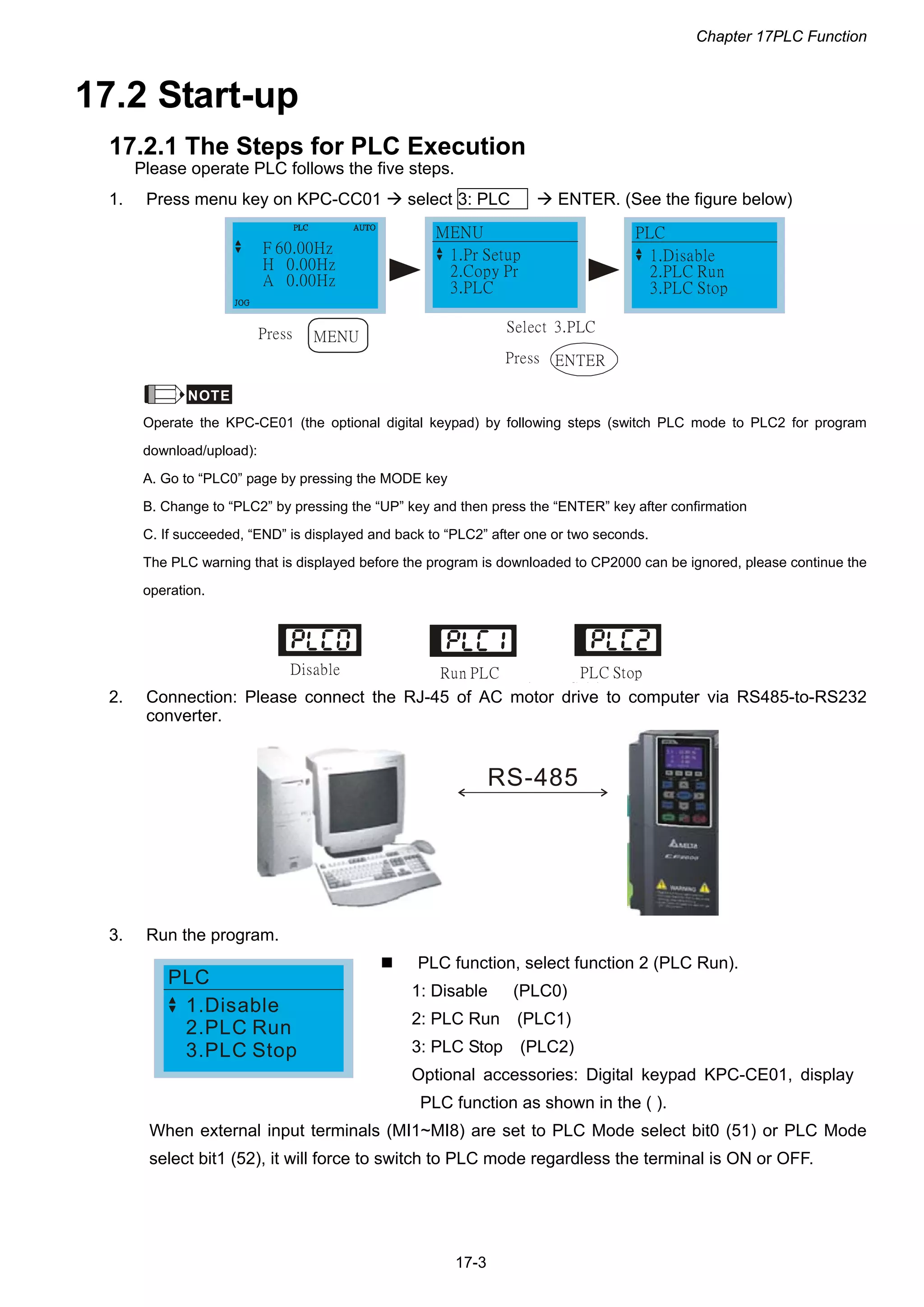 Chapter 17PLC Function
17-3
17.2 Start-up
17.2.1 The Steps for PLC Execution
Please operate PLC follows the five steps.
1. Press menu key on KPC-CC01  select 3: PLC  ENTER. (See the figure below)
F 60.00Hz
H 0.00Hz
A 0.00Hz
MENU
1.Pr Setup
2.Copy Pr
3.PLC
PLC
1.Disable
2.PLC Run
3.PLC Stop
Select 3.PLC
ENTER
MENUPress
Press
NOTE
Operate the KPC-CE01 (the optional digital keypad) by following steps (switch PLC mode to PLC2 for program
download/upload):
A. Go to “PLC0” page by pressing the MODE key
B. Change to “PLC2” by pressing the “UP” key and then press the “ENTER” key after confirmation
C. If succeeded, “END” is displayed and back to “PLC2” after one or two seconds.
The PLC warning that is displayed before the program is downloaded to CP2000 can be ignored, please continue the
operation.
Disable Run PLC PLC Stop
i AC d i
2. Connection: Please connect the RJ-45 of AC motor drive to computer via RS485-to-RS232
converter.
3. Run the program.
PLC
1.Disable
2.PLC Run
3.PLC Stop
 PLC function, select function 2 (PLC Run).
1: Disable (PLC0)
2: PLC Run (PLC1)
3: PLC Stop (PLC2)
Optional accessories: Digital keypad KPC-CE01, display
PLC function as shown in the ( ).
When external input terminals (MI1~MI8) are set to PLC Mode select bit0 (51) or PLC Mode
select bit1 (52), it will force to switch to PLC mode regardless the terminal is ON or OFF.
 