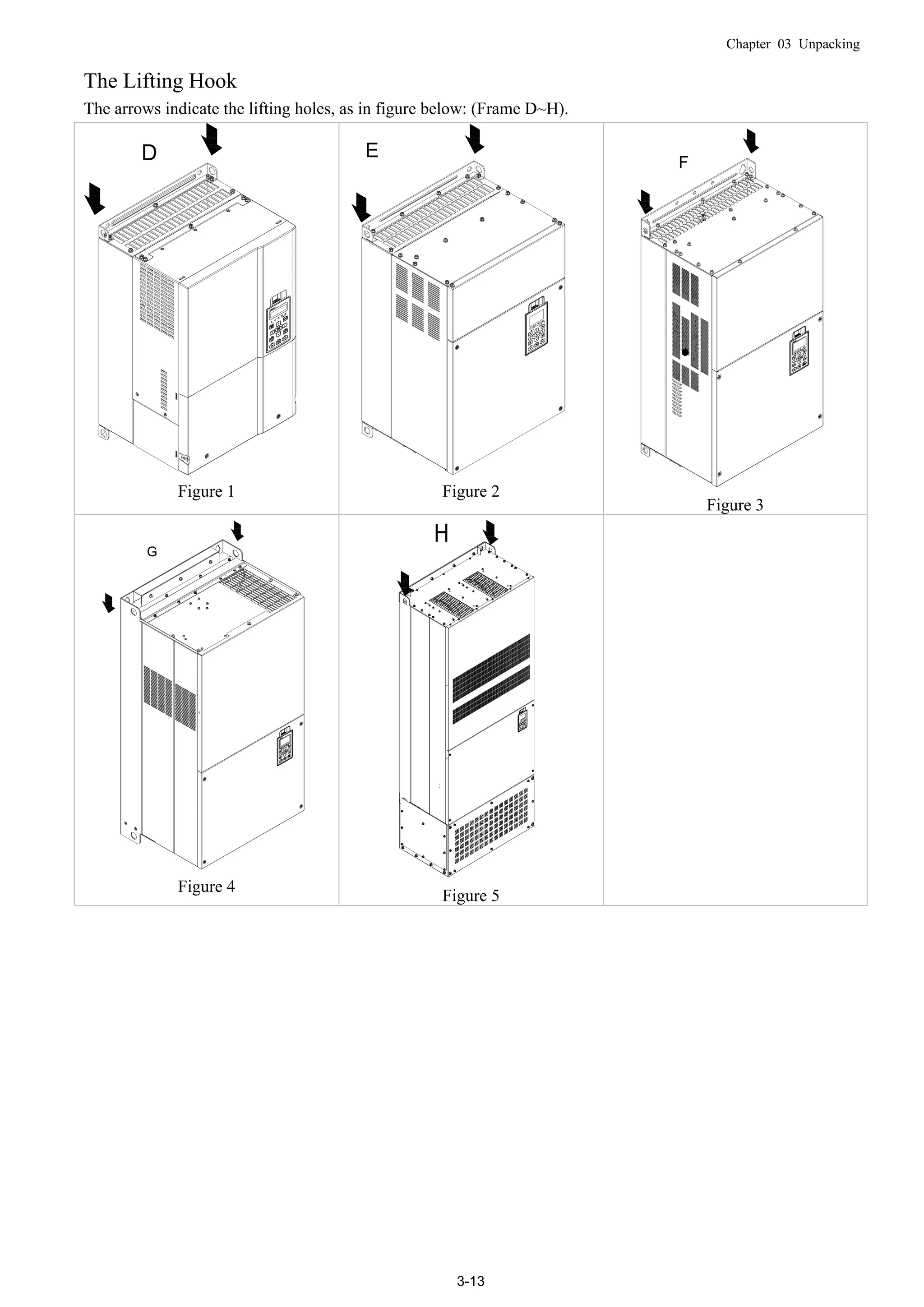 Chapter 03 Unpacking
3-13
The Lifting Hook
The arrows indicate the lifting holes, as in figure below: (Frame D~H).
D
Figure 1
E
Figure 2
F
Figure 3
G
Figure 4
Figure 5
 