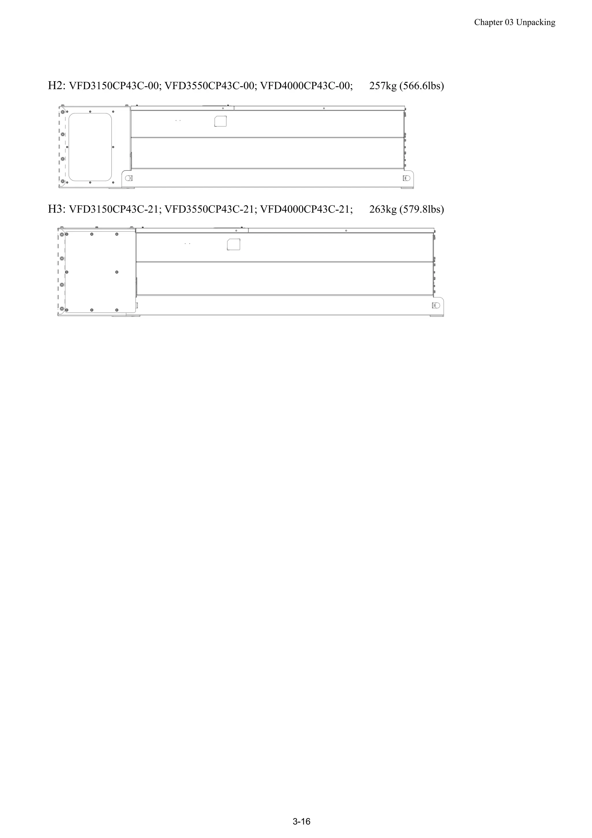 Chapter 03 Unpacking
3-16
H2: VFD3150CP43C-00; VFD3550CP43C-00; VFD4000CP43C-00; 257kg (566.6lbs)
H3: VFD3150CP43C-21; VFD3550CP43C-21; VFD4000CP43C-21; 263kg (579.8lbs)
 