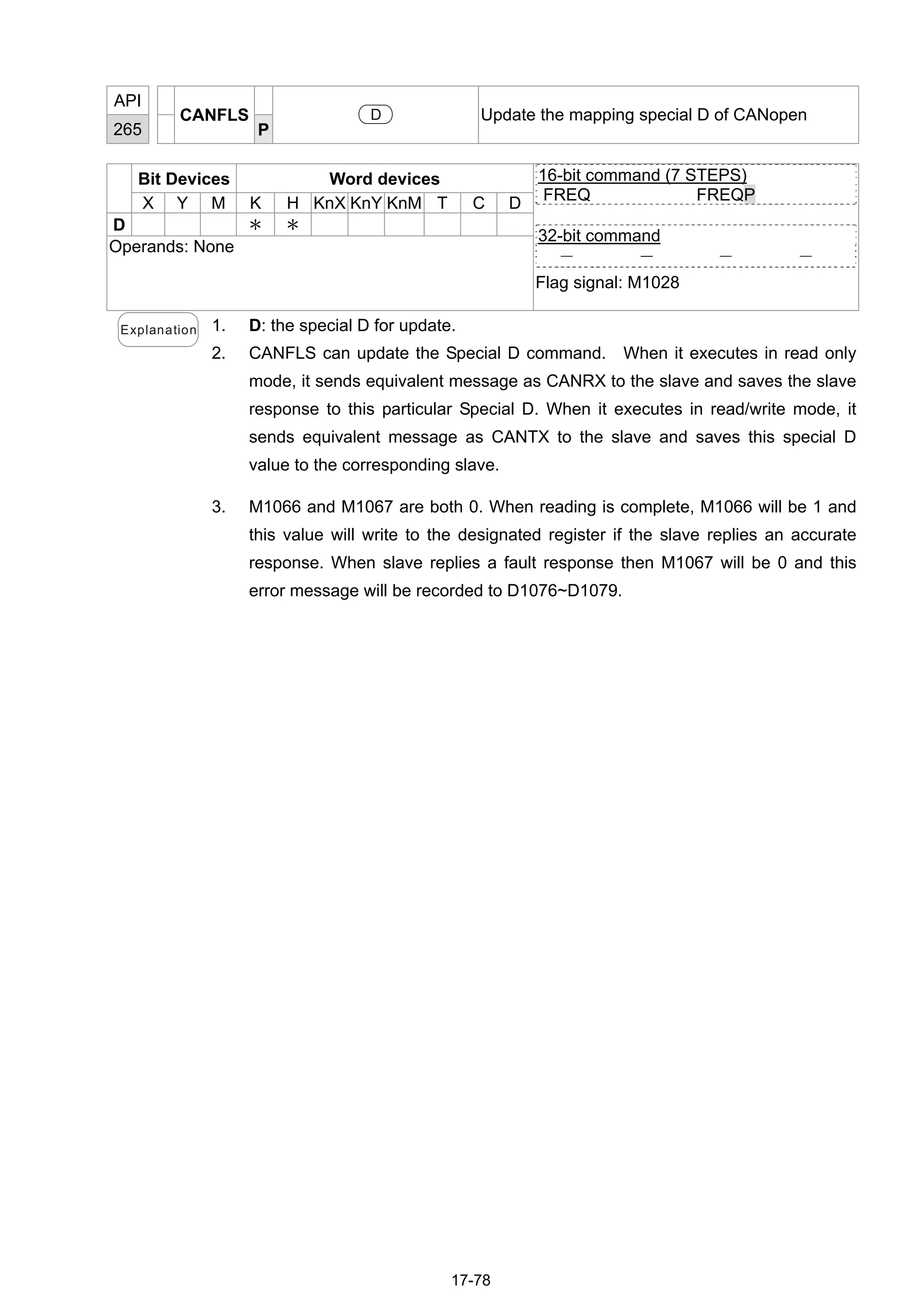 17-78
API
265
CANFLS
P
D Update the mapping special D of CANopen
Bit Devices Word devices
X Y M K H KnX KnY KnM T C D
D ＊ ＊
Operands: None
16-bit command (7 STEPS)
FREQ FREQP
32-bit command
－ － － －
Flag signal: M1028
Explanation 1. D: the special D for update.
2. CANFLS can update the Special D command. When it executes in read only
mode, it sends equivalent message as CANRX to the slave and saves the slave
response to this particular Special D. When it executes in read/write mode, it
sends equivalent message as CANTX to the slave and saves this special D
value to the corresponding slave.
3. M1066 and M1067 are both 0. When reading is complete, M1066 will be 1 and
this value will write to the designated register if the slave replies an accurate
response. When slave replies a fault response then M1067 will be 0 and this
error message will be recorded to D1076~D1079.
 