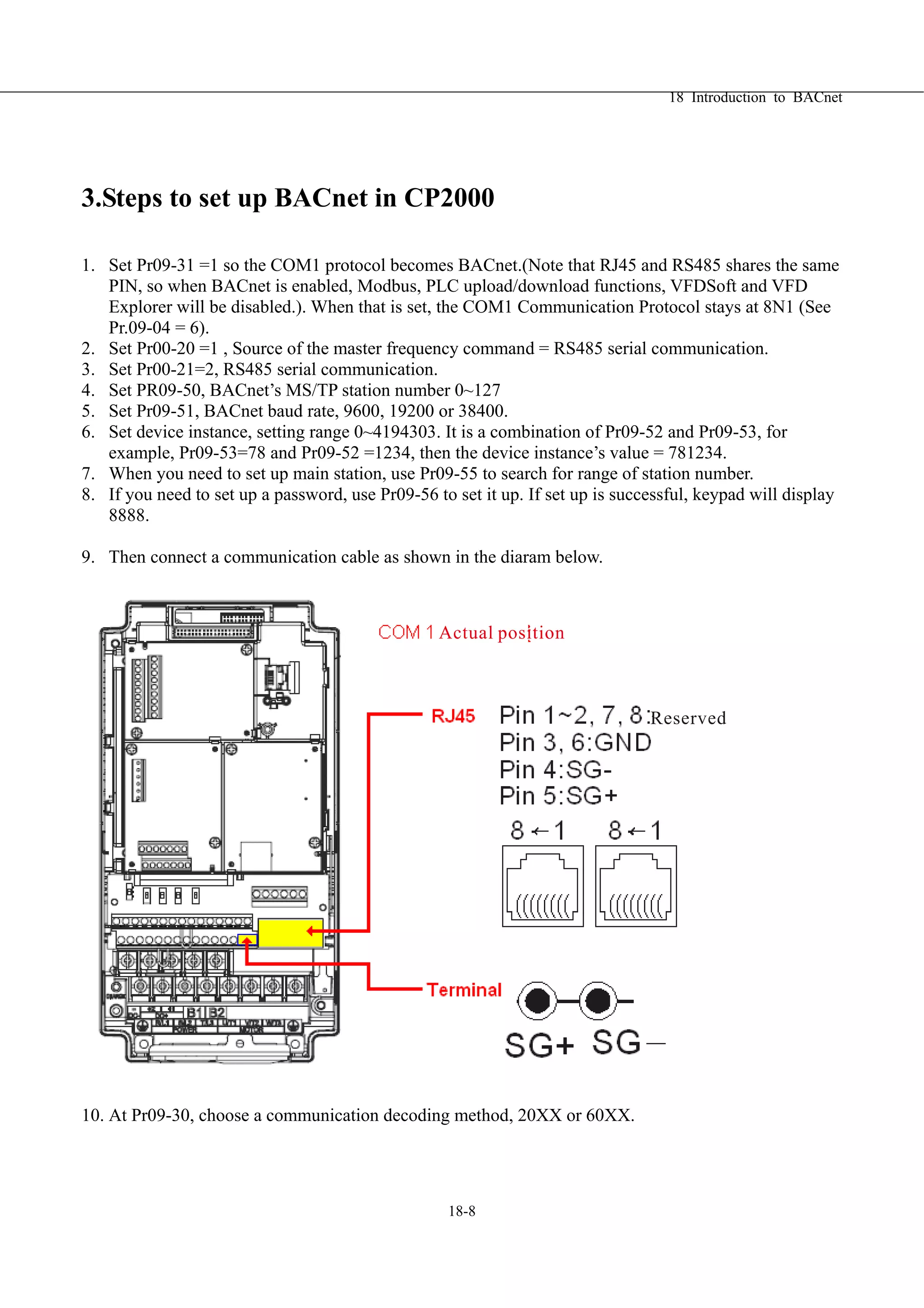 18 Introduction to BACnet
18-8
3.Steps to set up BACnet in CP2000
1. Set Pr09-31 =1 so the COM1 protocol becomes BACnet.(Note that RJ45 and RS485 shares the same
PIN, so when BACnet is enabled, Modbus, PLC upload/download functions, VFDSoft and VFD
Explorer will be disabled.). When that is set, the COM1 Communication Protocol stays at 8N1 (See
Pr.09-04 = 6).
2. Set Pr00-20 =1 , Source of the master frequency command = RS485 serial communication.
3. Set Pr00-21=2, RS485 serial communication.
4. Set PR09-50, BACnet’s MS/TP station number 0~127
5. Set Pr09-51, BACnet baud rate, 9600, 19200 or 38400.
6. Set device instance, setting range 0~4194303. It is a combination of Pr09-52 and Pr09-53, for
example, Pr09-53=78 and Pr09-52 =1234, then the device instance’s value = 781234.
7. When you need to set up main station, use Pr09-55 to search for range of station number.
8. If you need to set up a password, use Pr09-56 to set it up. If set up is successful, keypad will display
8888.
9. Then connect a communication cable as shown in the diaram below.
10. At Pr09-30, choose a communication decoding method, 20XX or 60XX.
 