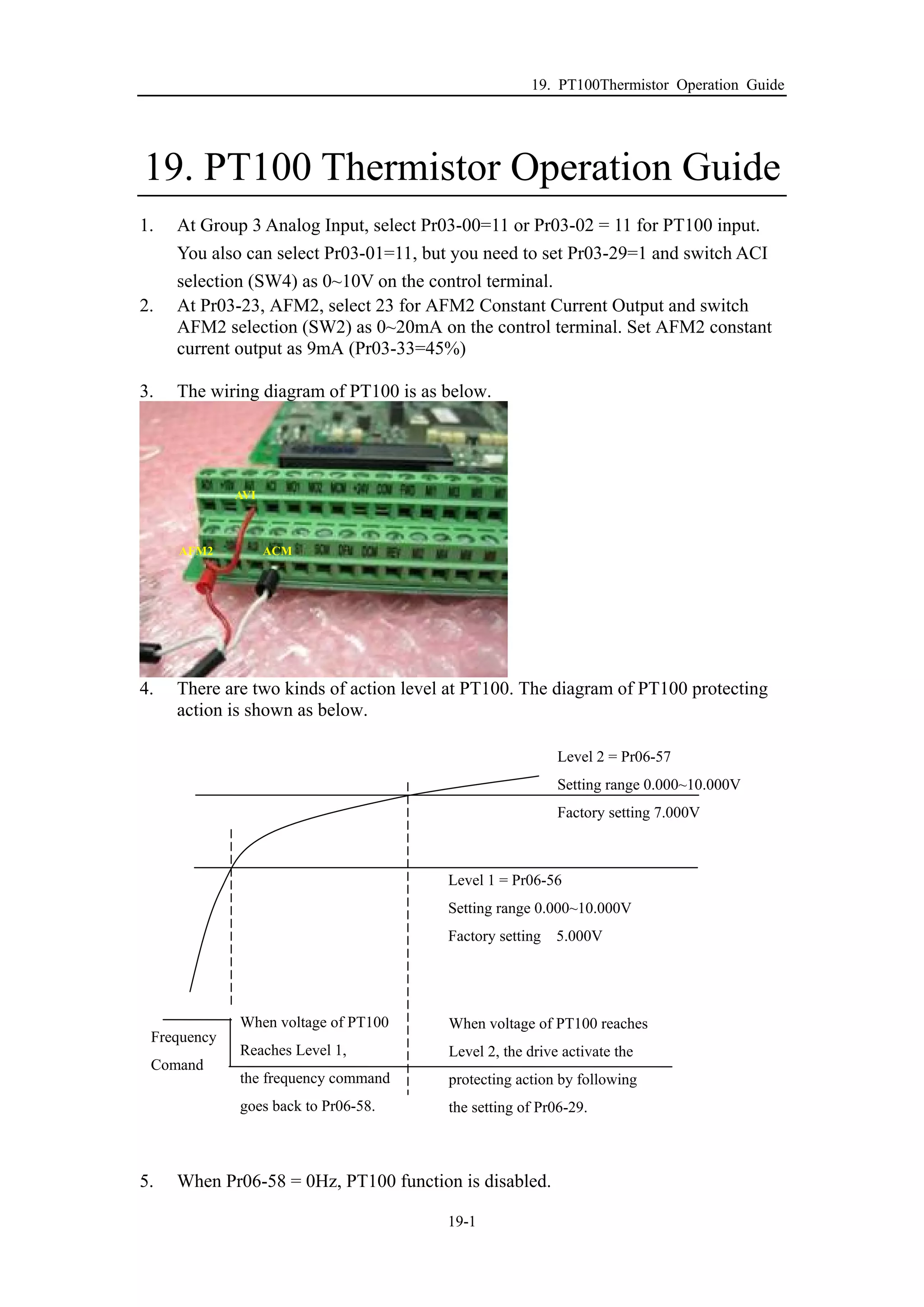 19. PT100Thermistor Operation Guide
19-1
19. PT100 Thermistor Operation Guide
1. At Group 3 Analog Input, select Pr03-00=11 or Pr03-02 = 11 for PT100 input.
You also can select Pr03-01=11, but you need to set Pr03-29=1 and switch ACI
selection (SW4) as 0~10V on the control terminal.
2. At Pr03-23, AFM2, select 23 for AFM2 Constant Current Output and switch
AFM2 selection (SW2) as 0~20mA on the control terminal. Set AFM2 constant
current output as 9mA (Pr03-33=45%)
3. The wiring diagram of PT100 is as below.
4. There are two kinds of action level at PT100. The diagram of PT100 protecting
action is shown as below.
5. When Pr06-58 = 0Hz, PT100 function is disabled.
Level 1 = Pr06-56
Setting range 0.000~10.000V
Factory setting 5.000V
When voltage of PT100
Reaches Level 1,
the frequency command
goes back to Pr06-58.
When voltage of PT100 reaches
Level 2, the drive activate the
protecting action by following
the setting of Pr06-29.
Frequency
Comand
Level 2 = Pr06-57
Setting range 0.000~10.000V
Factory setting 7.000V
AFM2
AVI
ACM
 