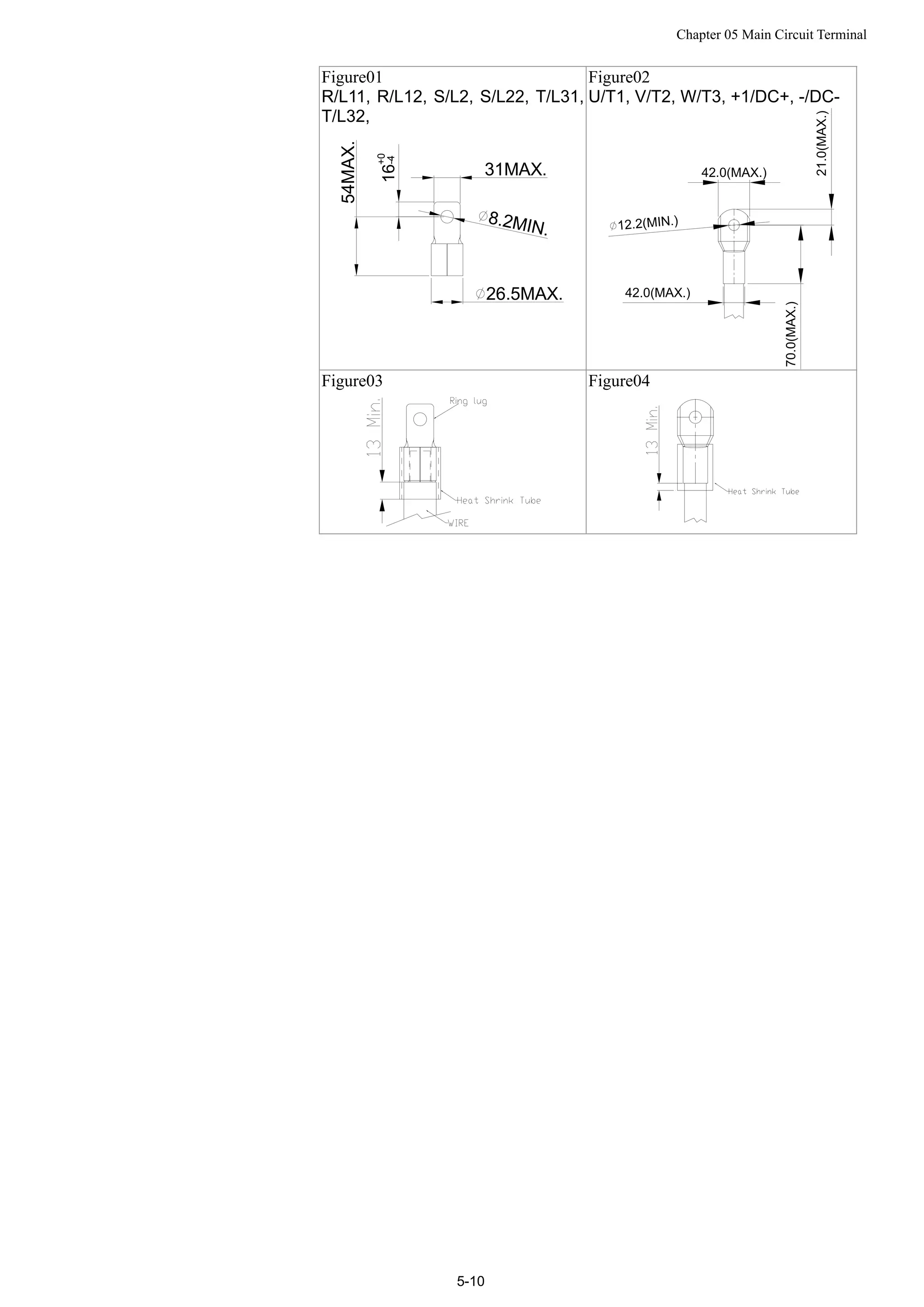 Chapter 05 Main Circuit Terminal
5-10
Figure01
R/L11, R/L12, S/L2, S/L22, T/L31,
T/L32,
31MAX.
8.2MIN.
26.5MAX.
54MAX.
16
+0
-4
Figure02
U/T1, V/T2, W/T3, +1/DC+, -/DC-
42.0(MAX.)
12.2(MIN.)
21.0(MAX.)
70.0(MAX.)
42.0(MAX.)
Figure03 Figure04
 