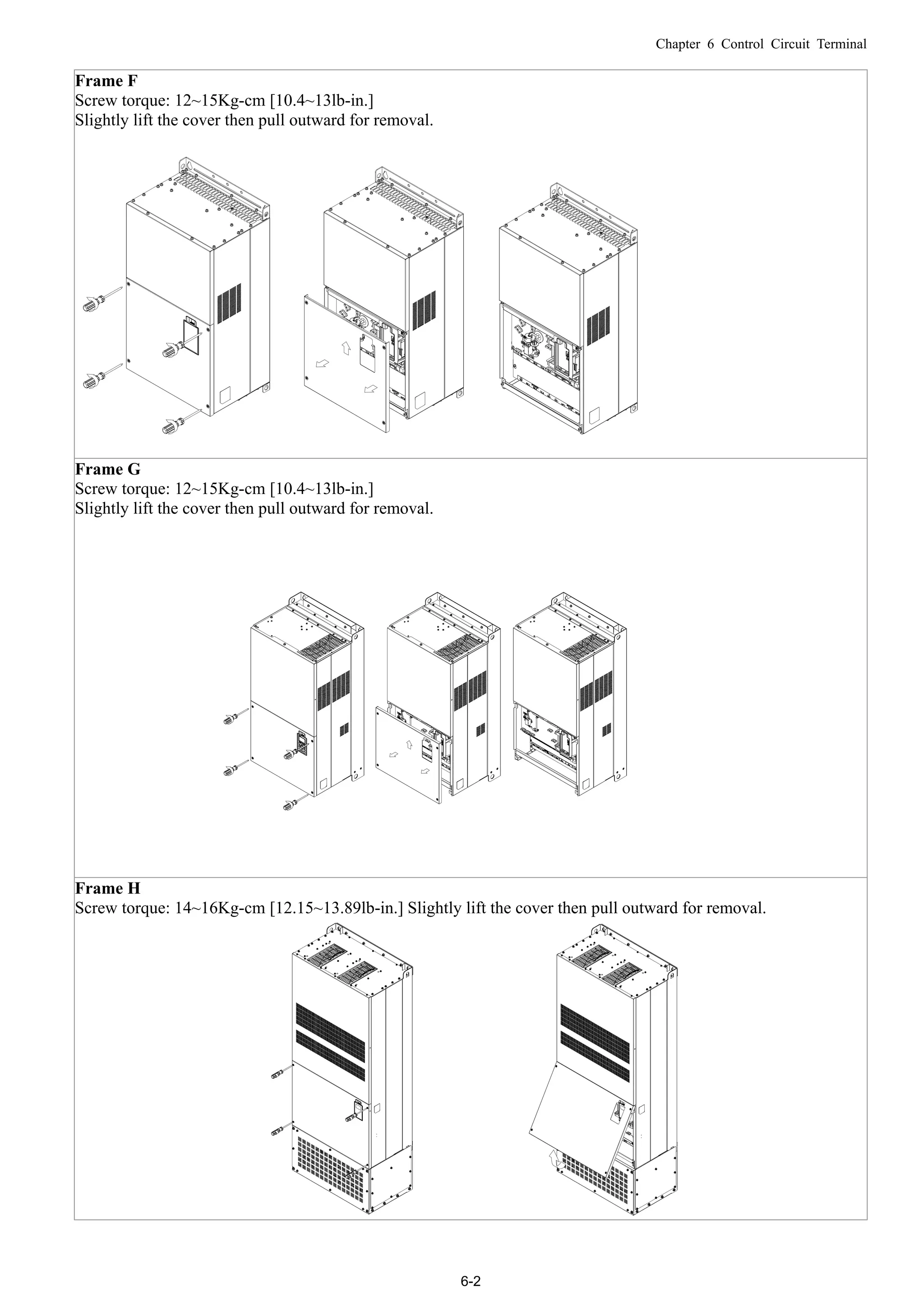 Chapter 6 Control Circuit Terminal
6-2
Frame F
Screw torque: 12~15Kg-cm [10.4~13lb-in.]
Slightly lift the cover then pull outward for removal.
Frame G
Screw torque: 12~15Kg-cm [10.4~13lb-in.]
Slightly lift the cover then pull outward for removal.
Frame H
Screw torque: 14~16Kg-cm [12.15~13.89lb-in.] Slightly lift the cover then pull outward for removal.
 
