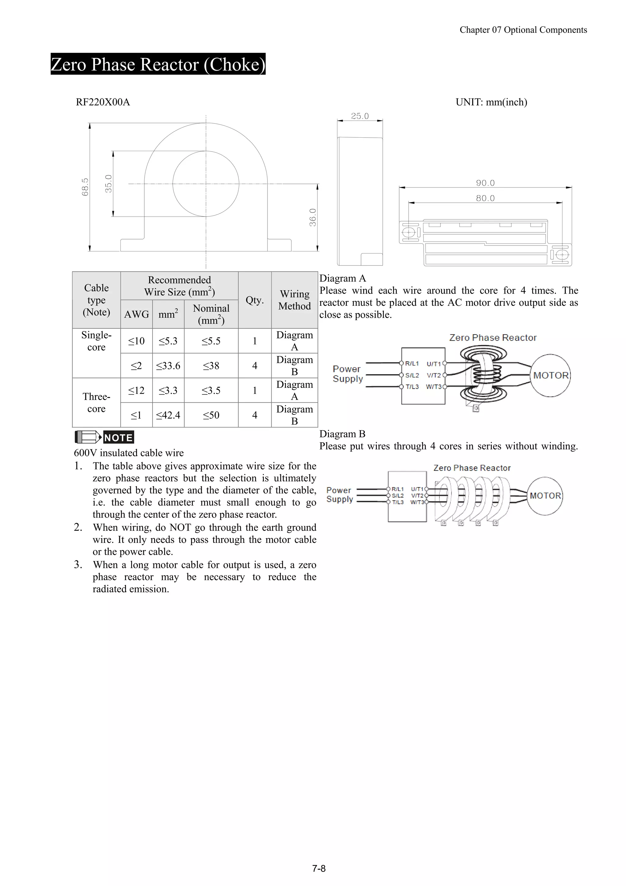 Chapter 07 Optional Components
7-8
Zero Phase Reactor (Choke)
RF220X00A UNIT: mm(inch)
Recommended
Wire Size (mm2
)Cable
type
(Note) AWG mm2 Nominal
(mm2
)
Qty.
Wiring
Method
≤10 ≤5.3 ≤5.5 1
Diagram
A
Single-
core
≤2 ≤33.6 ≤38 4
Diagram
B
≤12 ≤3.3 ≤3.5 1
Diagram
AThree-
core
≤1 ≤42.4 ≤50 4
Diagram
B
Diagram A
Please wind each wire around the core for 4 times. The
reactor must be placed at the AC motor drive output side as
close as possible.
NOTE
600V insulated cable wire
1. The table above gives approximate wire size for the
zero phase reactors but the selection is ultimately
governed by the type and the diameter of the cable,
i.e. the cable diameter must small enough to go
through the center of the zero phase reactor.
2. When wiring, do NOT go through the earth ground
wire. It only needs to pass through the motor cable
or the power cable.
3. When a long motor cable for output is used, a zero
phase reactor may be necessary to reduce the
radiated emission.
Diagram B
Please put wires through 4 cores in series without winding.
 
