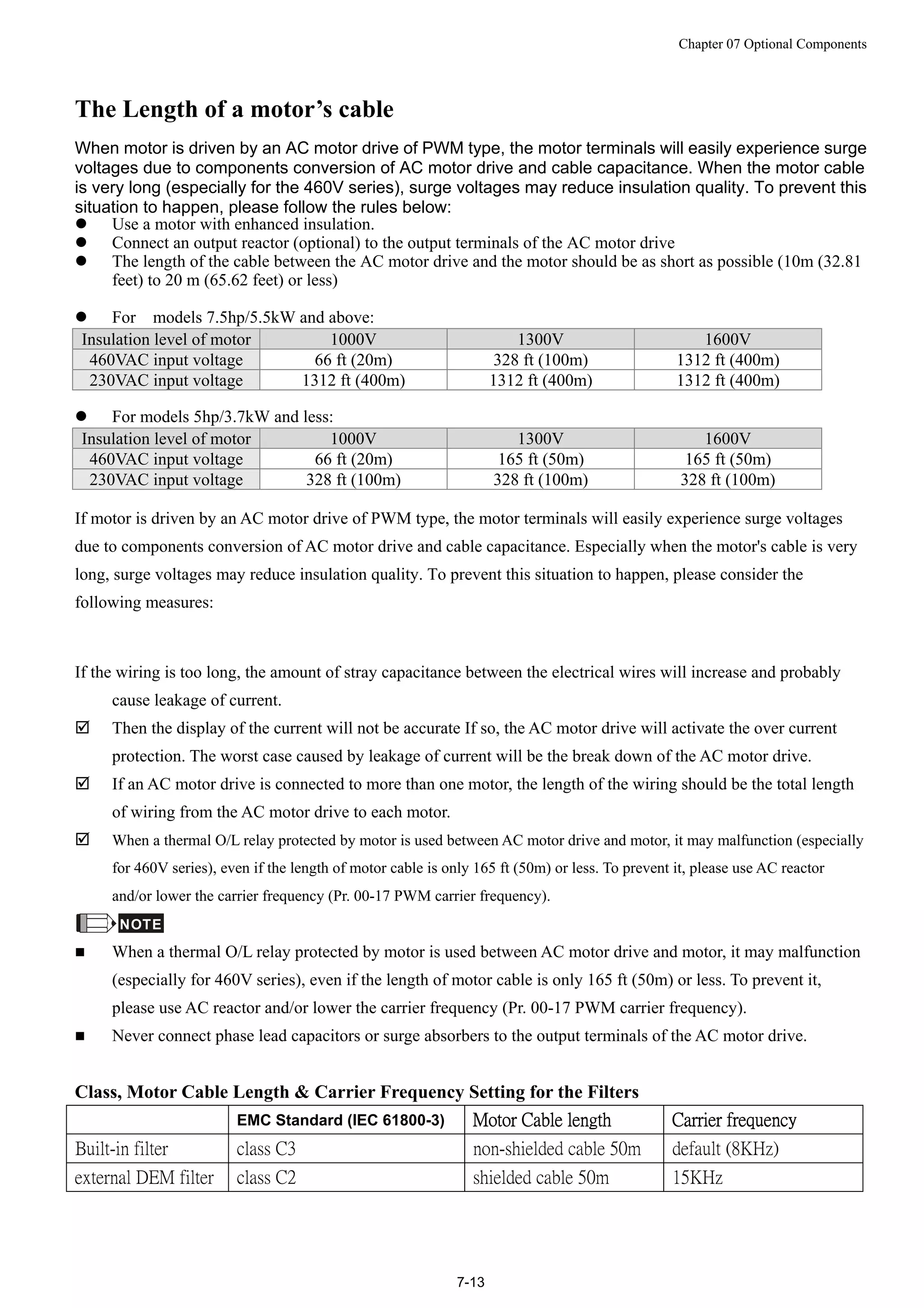 Chapter 07 Optional Components
7-13
The Length of a motor’s cable
When motor is driven by an AC motor drive of PWM type, the motor terminals will easily experience surge
voltages due to components conversion of AC motor drive and cable capacitance. When the motor cable
is very long (especially for the 460V series), surge voltages may reduce insulation quality. To prevent this
situation to happen, please follow the rules below:
 Use a motor with enhanced insulation.
 Connect an output reactor (optional) to the output terminals of the AC motor drive
 The length of the cable between the AC motor drive and the motor should be as short as possible (10m (32.81
feet) to 20 m (65.62 feet) or less)
 For models 7.5hp/5.5kW and above:
Insulation level of motor 1000V 1300V 1600V
460VAC input voltage 66 ft (20m) 328 ft (100m) 1312 ft (400m)
230VAC input voltage 1312 ft (400m) 1312 ft (400m) 1312 ft (400m)
 For models 5hp/3.7kW and less:
Insulation level of motor 1000V 1300V 1600V
460VAC input voltage 66 ft (20m) 165 ft (50m) 165 ft (50m)
230VAC input voltage 328 ft (100m) 328 ft (100m) 328 ft (100m)
If motor is driven by an AC motor drive of PWM type, the motor terminals will easily experience surge voltages
due to components conversion of AC motor drive and cable capacitance. Especially when the motor's cable is very
long, surge voltages may reduce insulation quality. To prevent this situation to happen, please consider the
following measures:
If the wiring is too long, the amount of stray capacitance between the electrical wires will increase and probably
cause leakage of current.
 Then the display of the current will not be accurate If so, the AC motor drive will activate the over current
protection. The worst case caused by leakage of current will be the break down of the AC motor drive.
 If an AC motor drive is connected to more than one motor, the length of the wiring should be the total length
of wiring from the AC motor drive to each motor.
 When a thermal O/L relay protected by motor is used between AC motor drive and motor, it may malfunction (especially
for 460V series), even if the length of motor cable is only 165 ft (50m) or less. To prevent it, please use AC reactor
and/or lower the carrier frequency (Pr. 00-17 PWM carrier frequency).
NOTE
 When a thermal O/L relay protected by motor is used between AC motor drive and motor, it may malfunction
(especially for 460V series), even if the length of motor cable is only 165 ft (50m) or less. To prevent it,
please use AC reactor and/or lower the carrier frequency (Pr. 00-17 PWM carrier frequency).
 Never connect phase lead capacitors or surge absorbers to the output terminals of the AC motor drive.
Class, Motor Cable Length & Carrier Frequency Setting for the Filters
EMC Standard (IEC 61800-3) Motor Cable length Carrier frequency
Built-in filter class C3 non-shielded cable 50m default (8KHz)
external DEM filter class C2 shielded cable 50m 15KHz
 