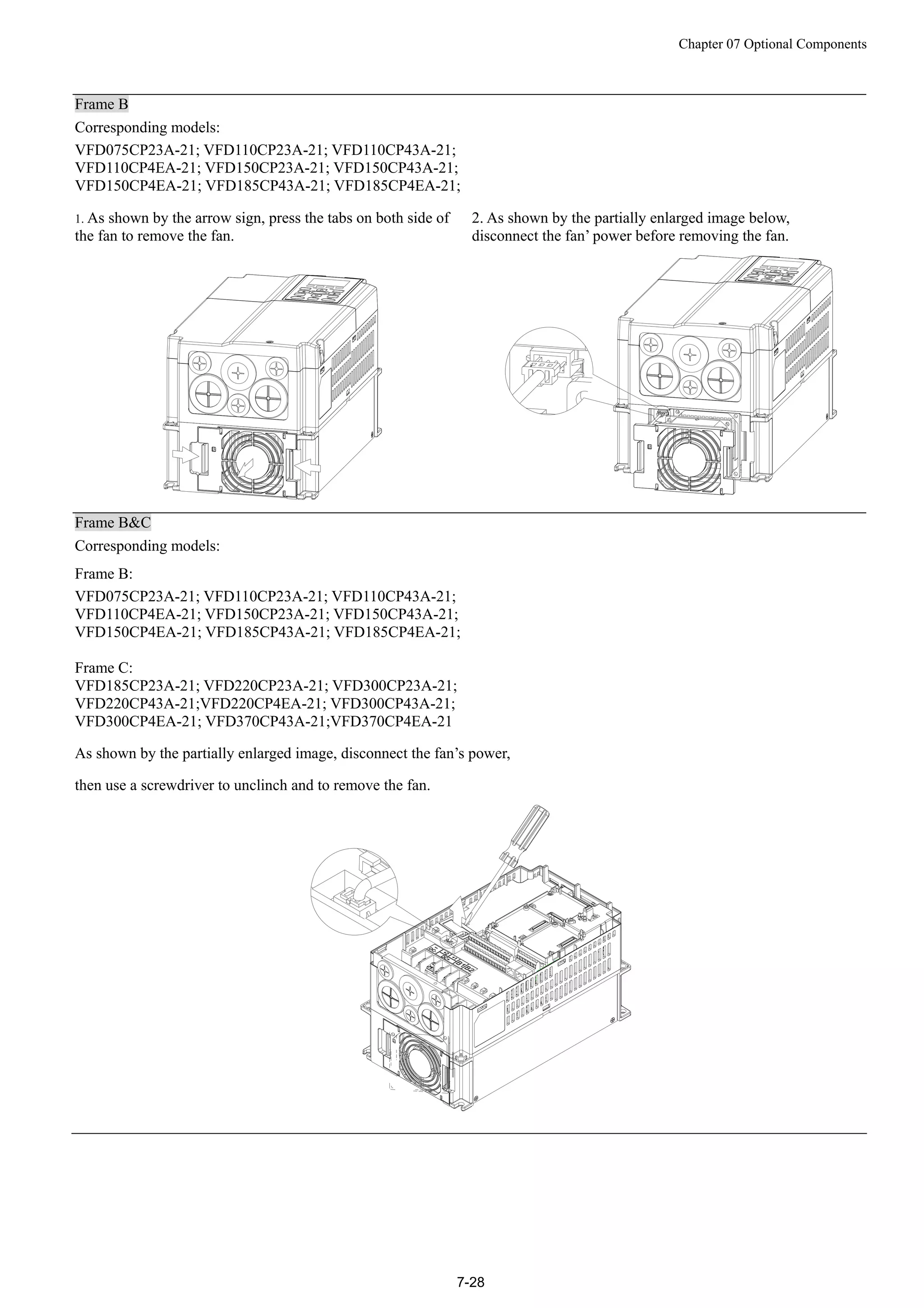 Chapter 07 Optional Components
7-28
Frame B
Corresponding models:
VFD075CP23A-21; VFD110CP23A-21; VFD110CP43A-21;
VFD110CP4EA-21; VFD150CP23A-21; VFD150CP43A-21;
VFD150CP4EA-21; VFD185CP43A-21; VFD185CP4EA-21;
1. As shown by the arrow sign, press the tabs on both side of
the fan to remove the fan.
2. As shown by the partially enlarged image below,
disconnect the fan’ power before removing the fan.
fan.
Frame B&C
Corresponding models:
Frame B:
VFD075CP23A-21; VFD110CP23A-21; VFD110CP43A-21;
VFD110CP4EA-21; VFD150CP23A-21; VFD150CP43A-21;
VFD150CP4EA-21; VFD185CP43A-21; VFD185CP4EA-21;
Frame C:
VFD185CP23A-21; VFD220CP23A-21; VFD300CP23A-21;
VFD220CP43A-21;VFD220CP4EA-21; VFD300CP43A-21;
VFD300CP4EA-21; VFD370CP43A-21;VFD370CP4EA-21
As shown by the partially enlarged image, disconnect the fan’s power,
then use a screwdriver to unclinch and to remove the fan.
 