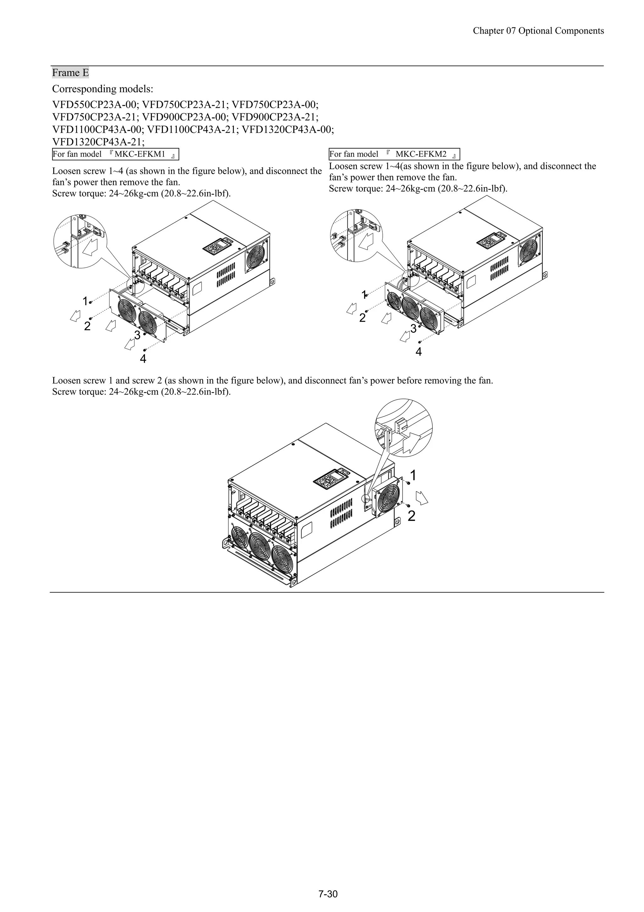 Chapter 07 Optional Components
7-30
Frame E
Corresponding models:
VFD550CP23A-00; VFD750CP23A-21; VFD750CP23A-00;
VFD750CP23A-21; VFD900CP23A-00; VFD900CP23A-21;
VFD1100CP43A-00; VFD1100CP43A-21; VFD1320CP43A-00;
VFD1320CP43A-21;
For fan model 『MKC-EFKM1 』
Loosen screw 1~4 (as shown in the figure below), and disconnect the
fan’s power then remove the fan.
Screw torque: 24~26kg-cm (20.8~22.6in-lbf).
For fan model 『 MKC-EFKM2 』
Loosen screw 1~4(as shown in the figure below), and disconnect the
fan’s power then remove the fan.
Screw torque: 24~26kg-cm (20.8~22.6in-lbf).
Loosen screw 1 and screw 2 (as shown in the figure below), and disconnect fan’s power before removing the fan.
Screw torque: 24~26kg-cm (20.8~22.6in-lbf).
 