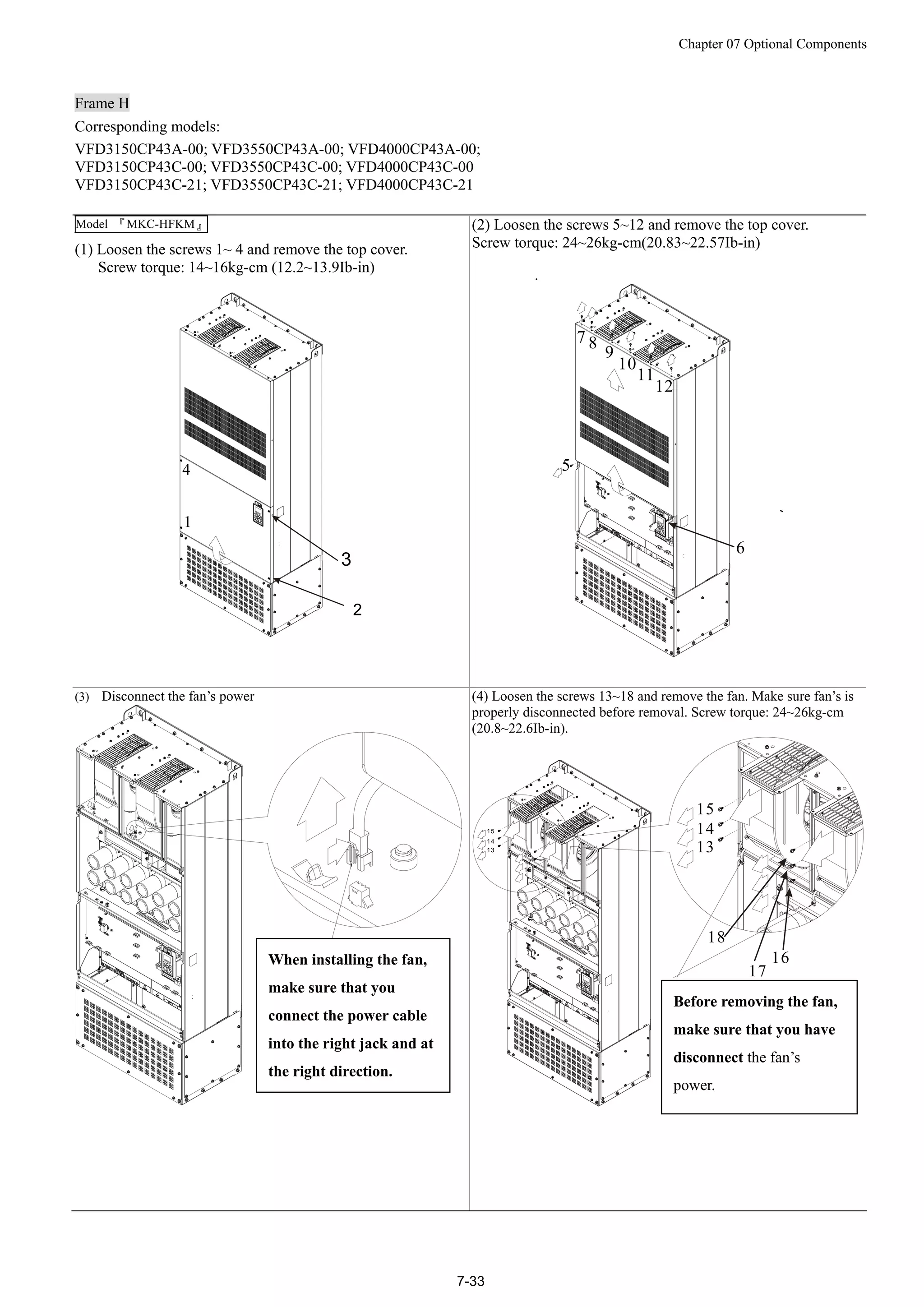 Chapter 07 Optional Components
7-33
Frame H
Corresponding models:
VFD3150CP43A-00; VFD3550CP43A-00; VFD4000CP43A-00;
VFD3150CP43C-00; VFD3550CP43C-00; VFD4000CP43C-00
VFD3150CP43C-21; VFD3550CP43C-21; VFD4000CP43C-21
Model 『MKC-HFKM』
(1) Loosen the screws 1~ 4 and remove the top cover.
Screw torque: 14~16kg-cm (12.2~13.9Ib-in)
1
2
4
3
(2) Loosen the screws 5~12 and remove the top cover.
Screw torque: 24~26kg-cm(20.83~22.57Ib-in)
.
5
6
7 8
9
10
11
12
(3) Disconnect the fan’s power (4) Loosen the screws 13~18 and remove the fan. Make sure fan’s is
properly disconnected before removal. Screw torque: 24~26kg-cm
(20.8~22.6Ib-in).
13
14
15
16
17
18
13
14
15
16
17
18
When installing the fan,
make sure that you
connect the power cable
into the right jack and at
the right direction.
Before removing the fan,
make sure that you have
disconnect the fan’s
power.
 