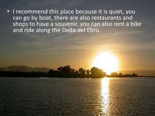 • I recommend this place because it is quiet, you
can go by boat, there are also restaurants and
shops to have a souvenir, you can also rent a bike
and ride along the Delta del Ebro.
 