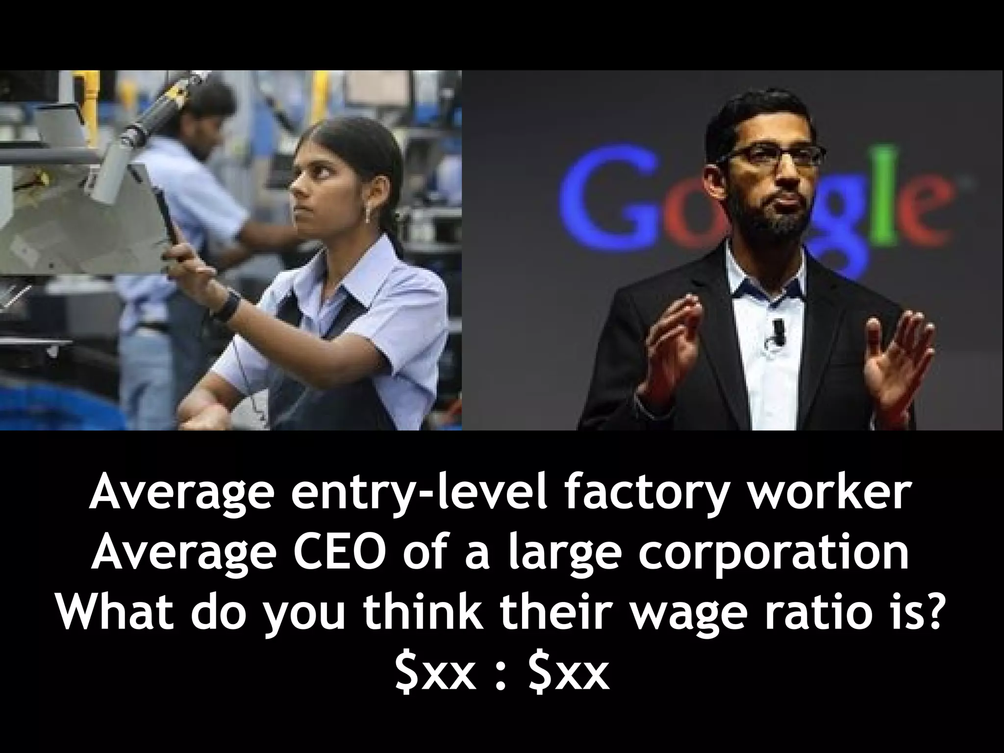 Average entry-level factory worker
Average CEO of a large corporation
What do you think their wage ratio is?
$xx : $xx
 