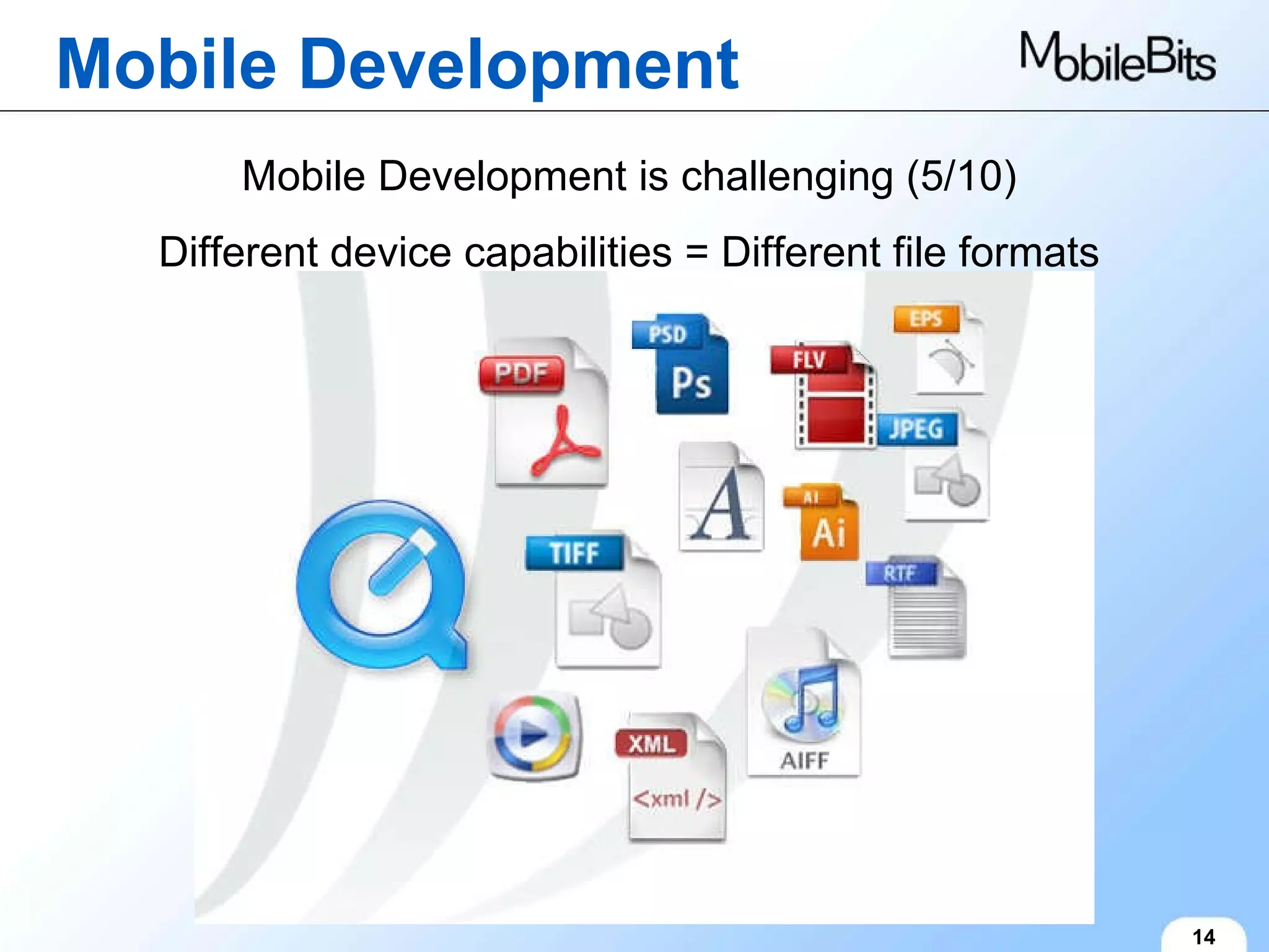 Mobile Development 14 Mobile Development is challenging (5/10) Different device capabilities = Different file formats 